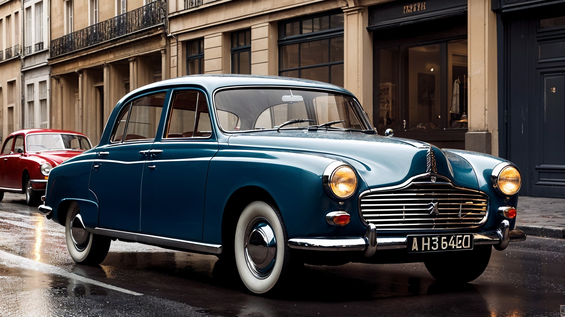 Vintage Blue Car on Wet Street with Classic Architecture