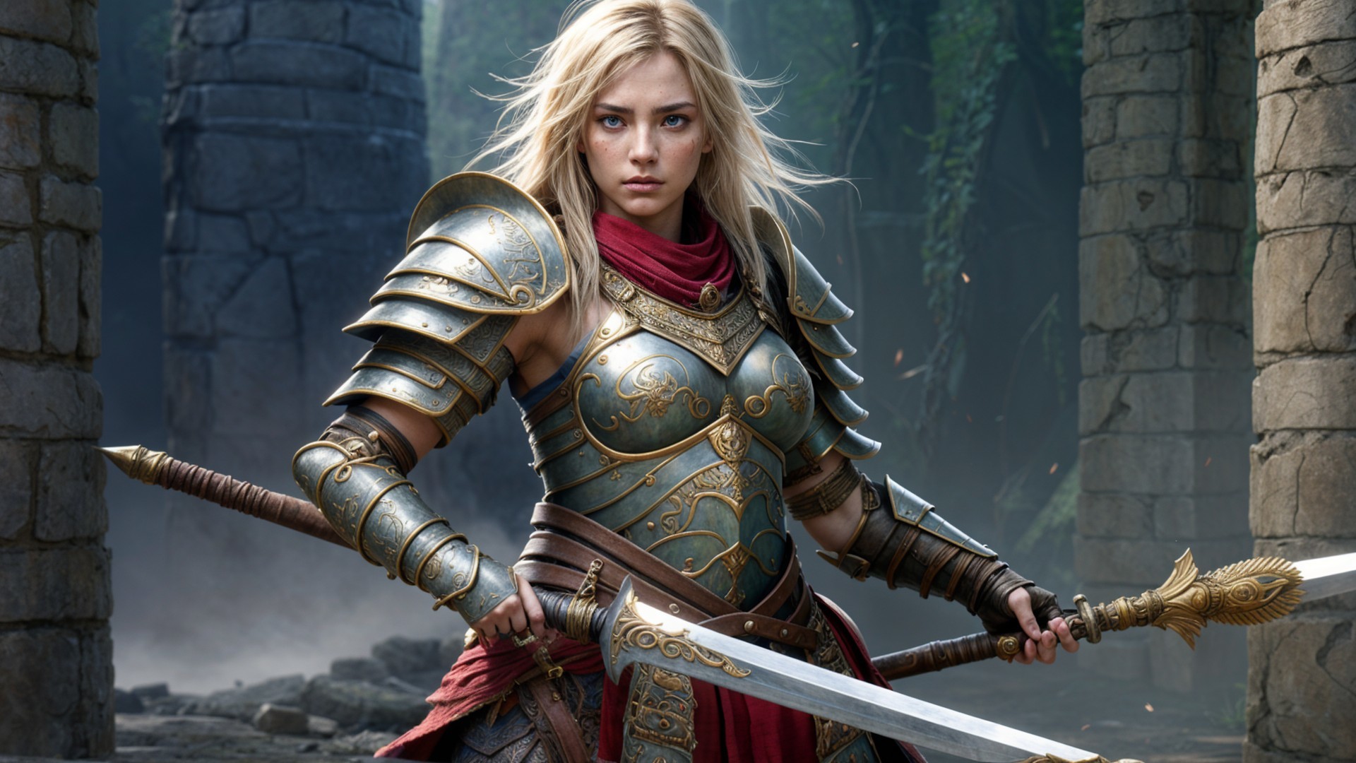 Fierce warrior in ornate armor in misty landscape