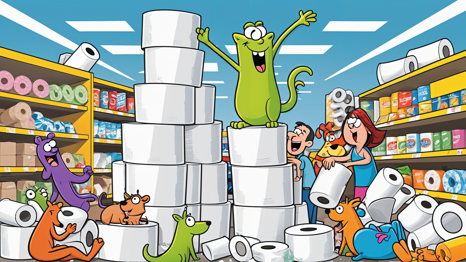 Cheerful Creature on Toilet Paper Pile in Store Aisle