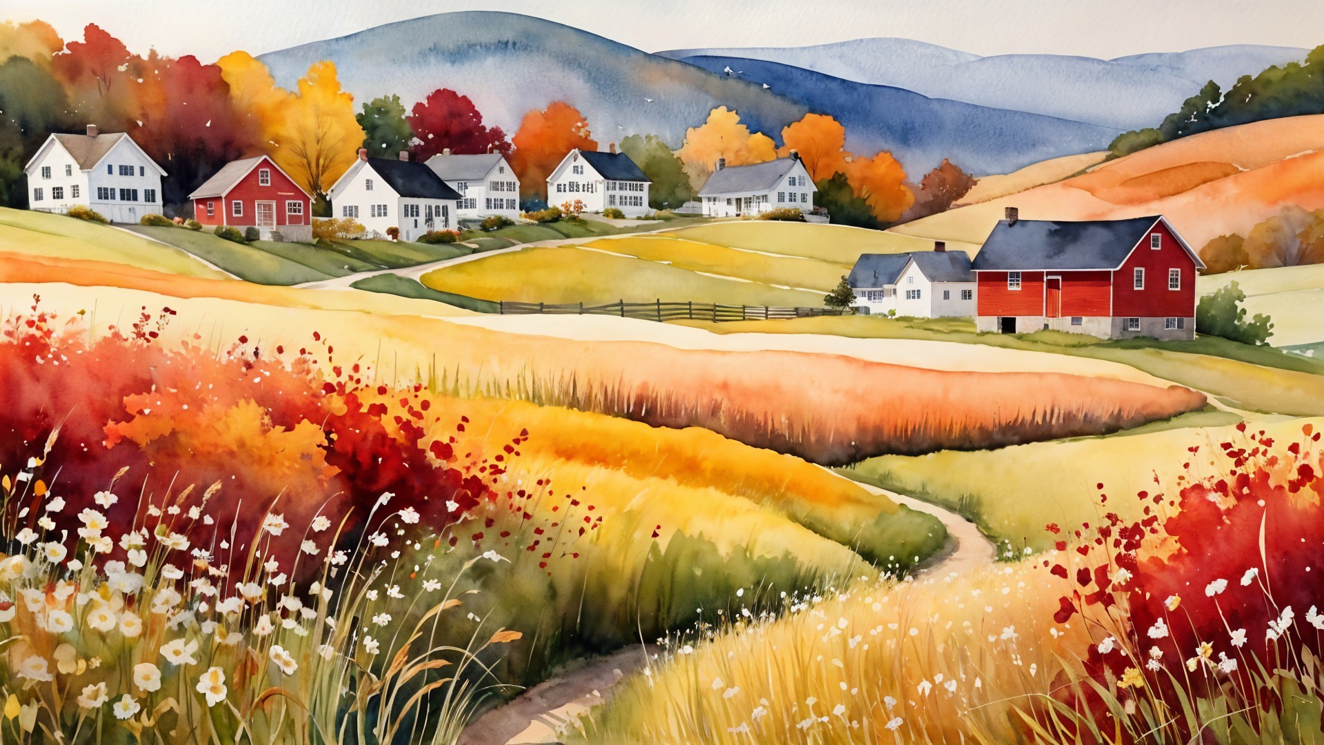 Vibrant Autumn Landscape with Rolling Hills and Houses