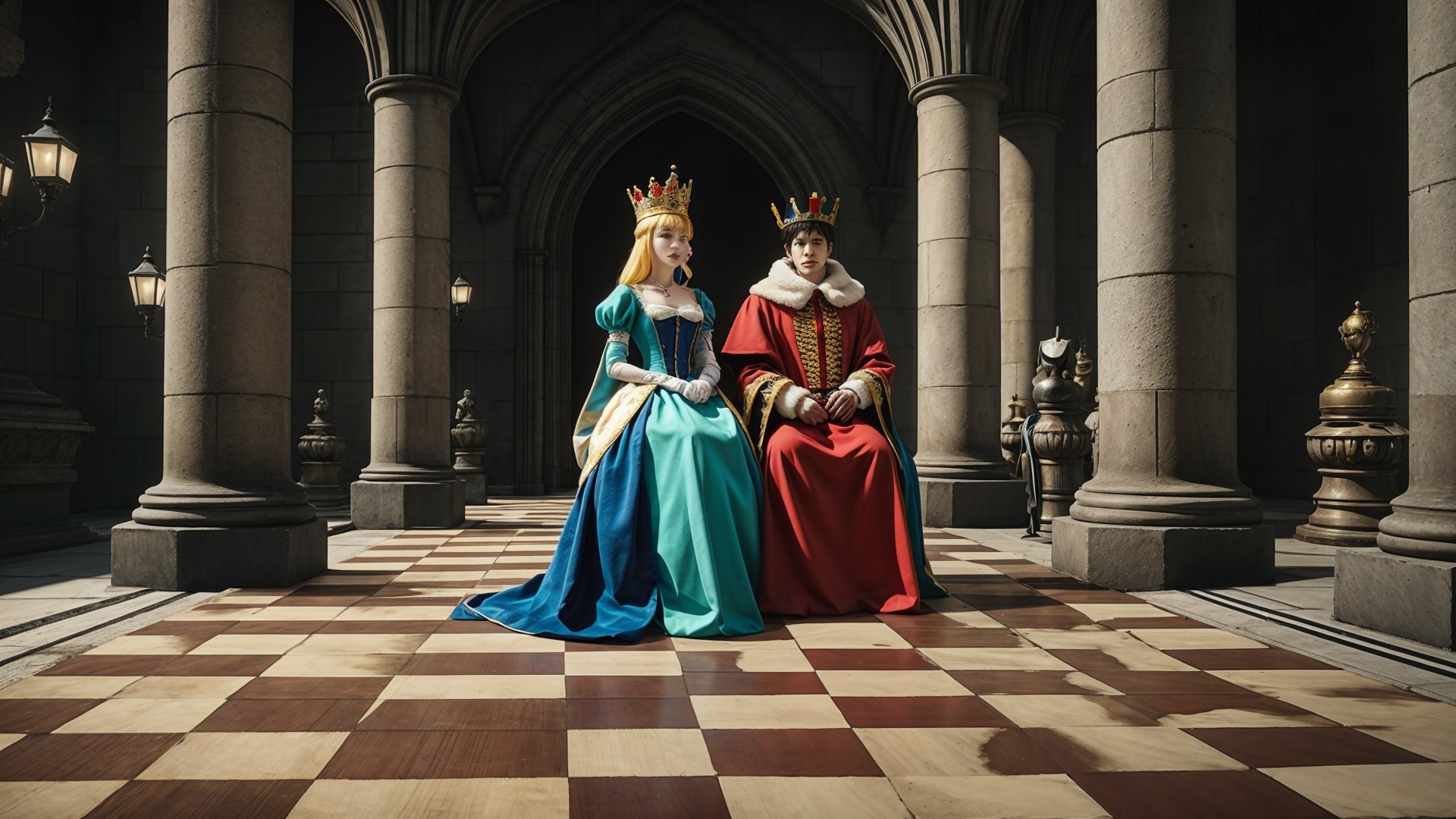 Princess in Turquoise Gown and King in Regal Attire