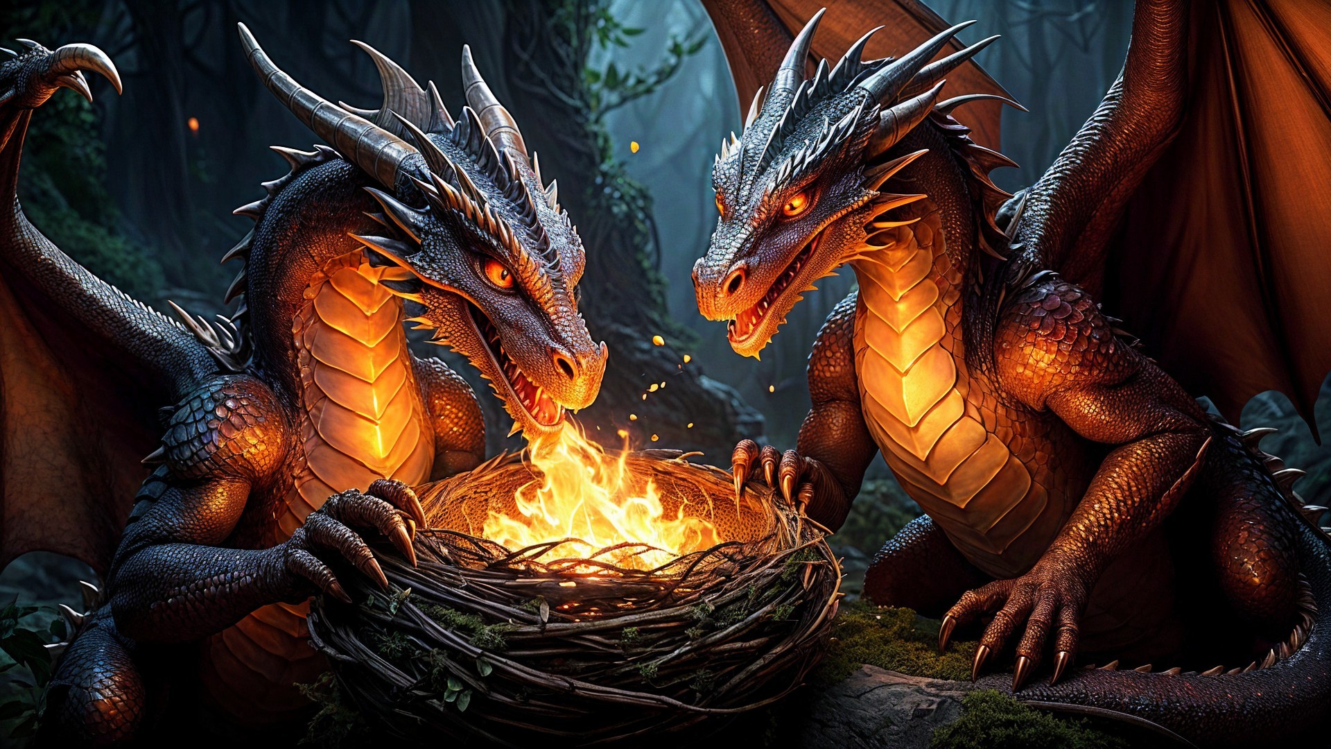 Dragons Guarding a Fiery Nest in a Mystical Forest