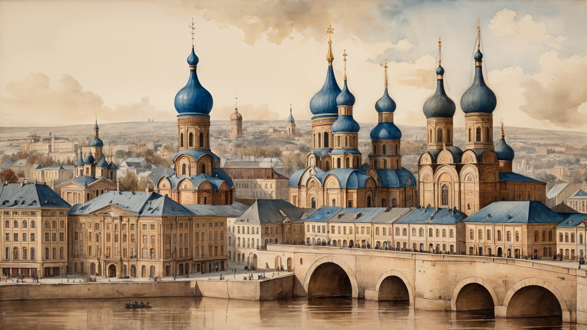 Picturesque cityscape with blue domes and serene river