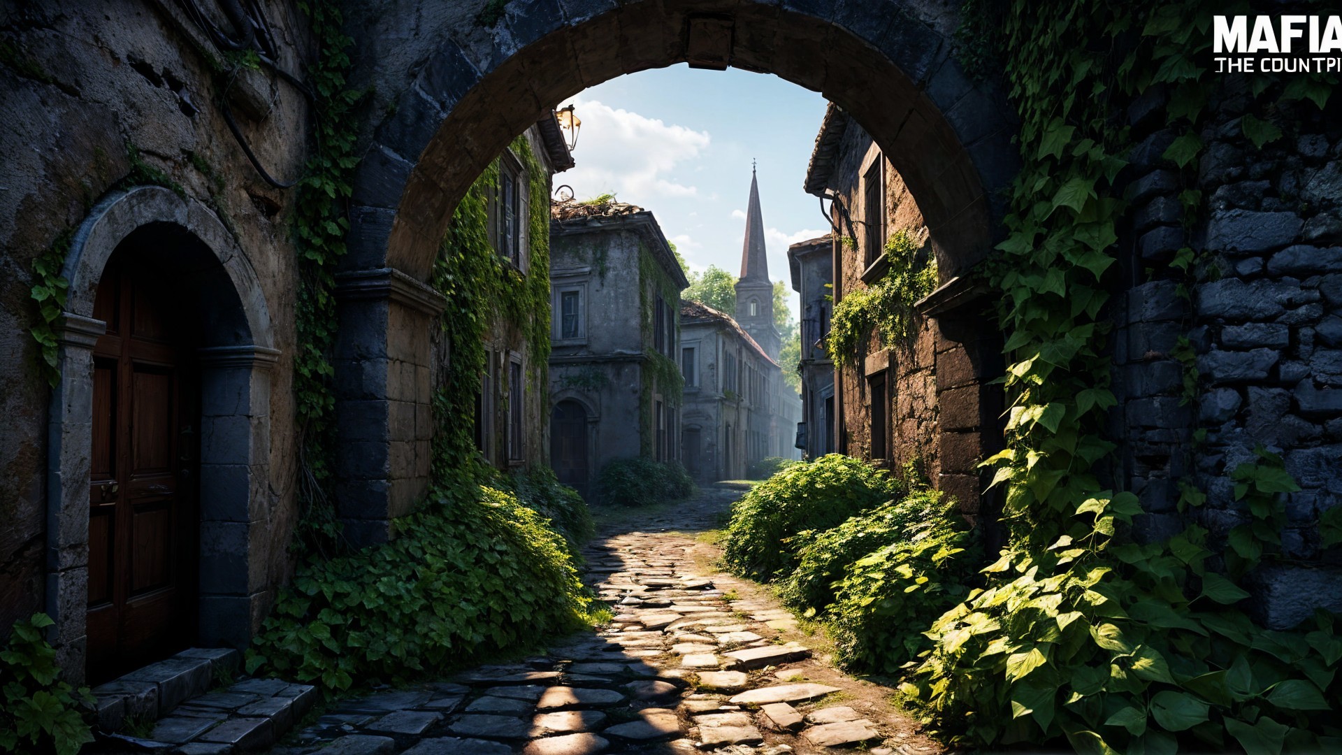 Overgrown Cobblestone Street in Historic Village