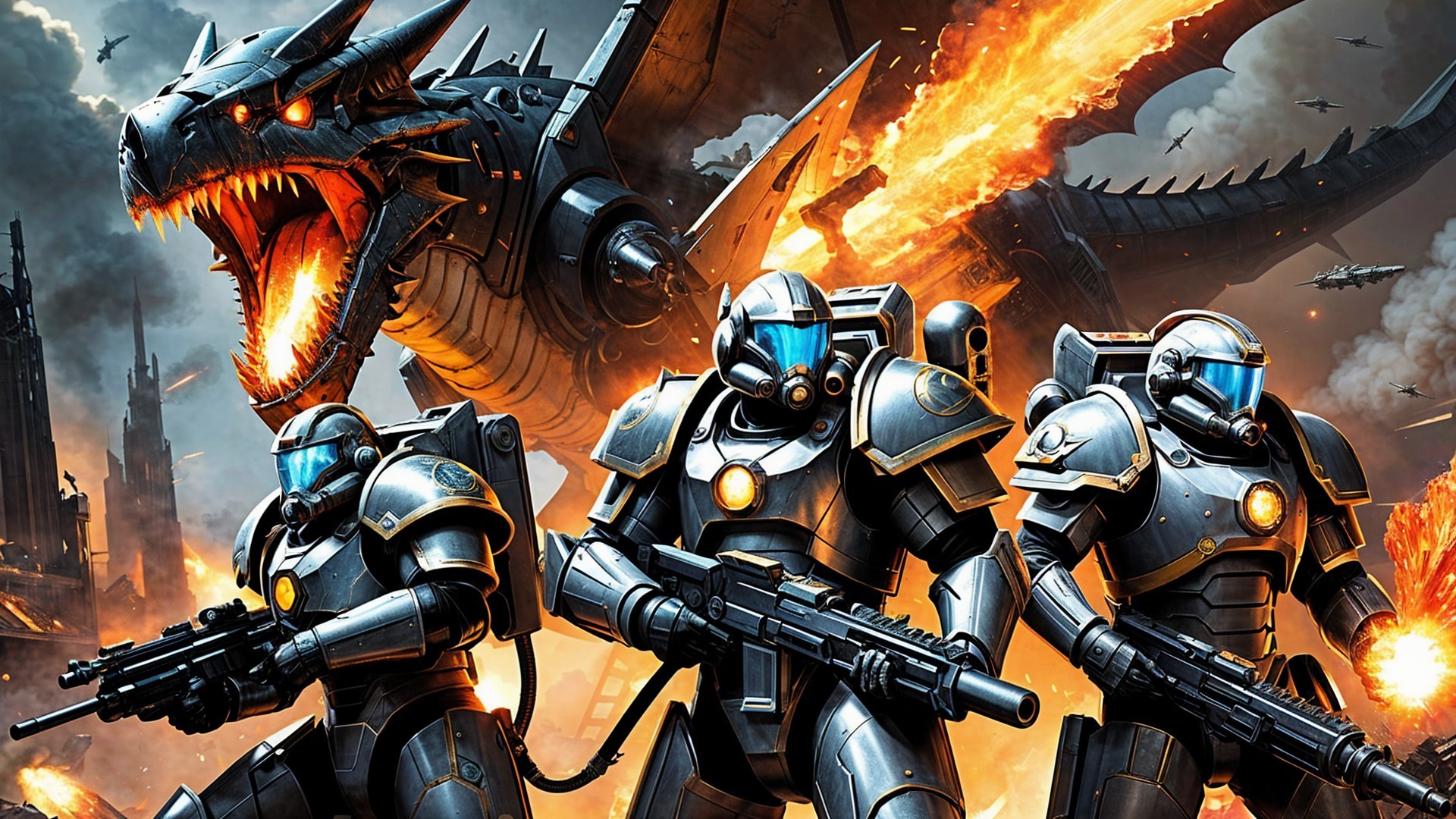 Armored Soldiers and Dragon in Sci-Fi Battle Scene
