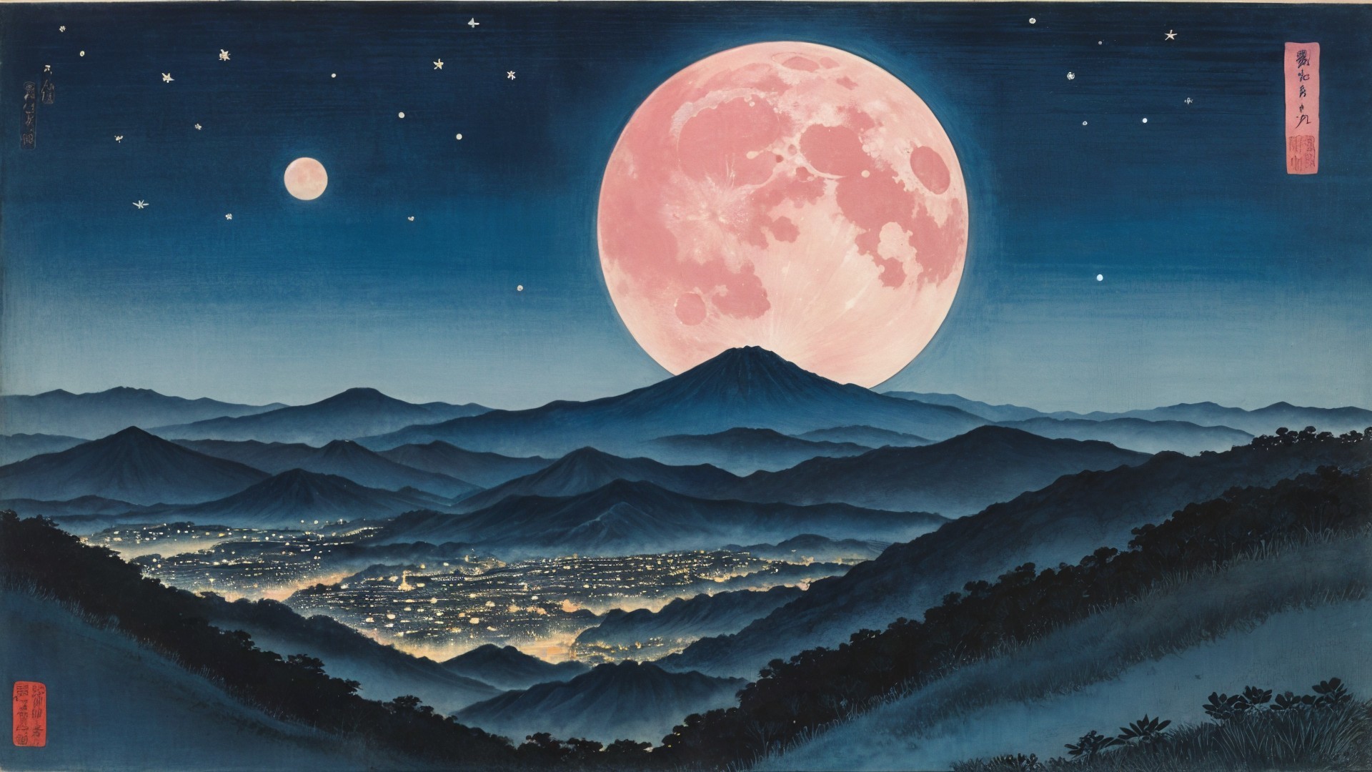 Nighttime Mountain Landscape with Full Moon and Stars