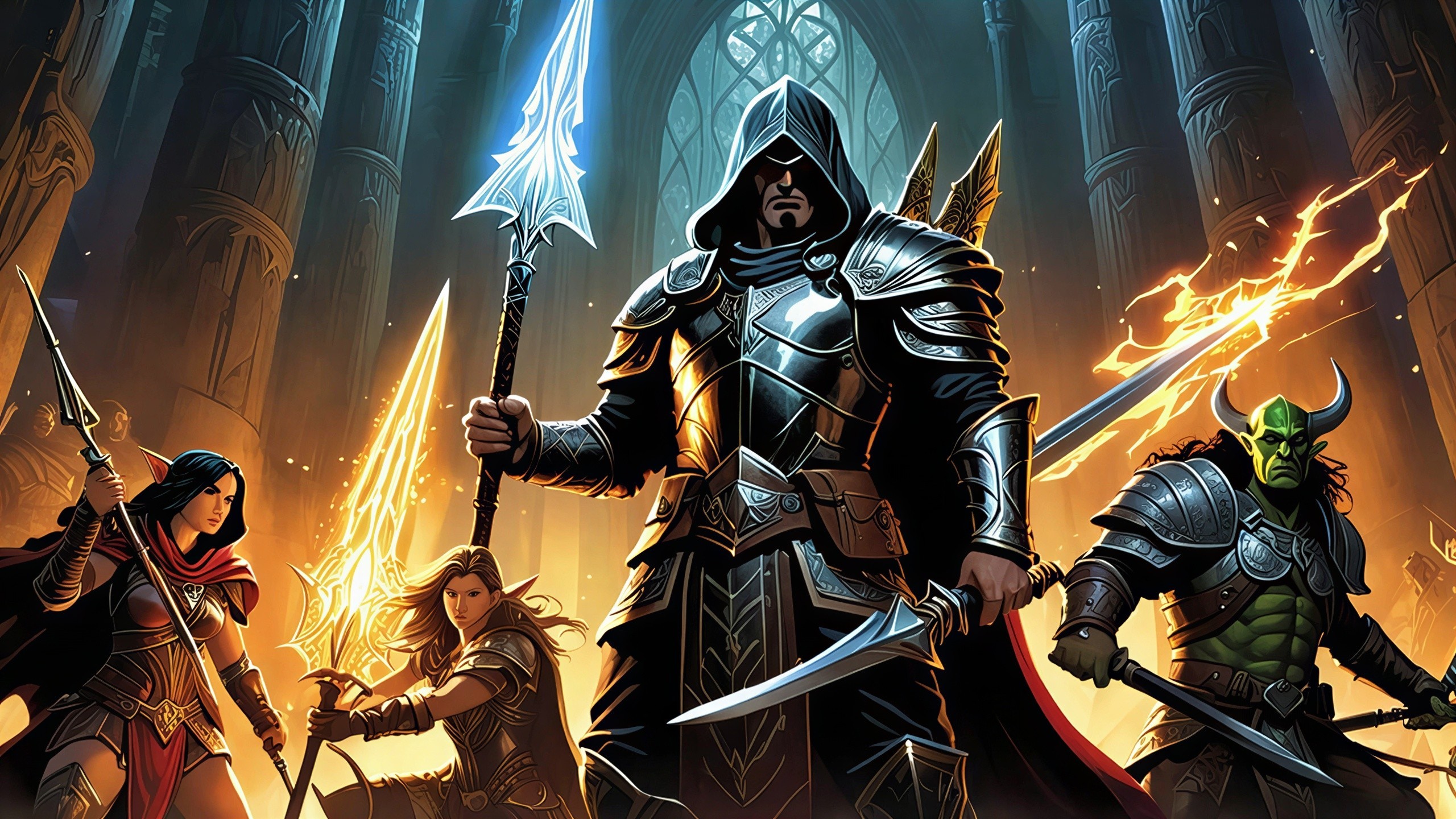 Four Warriors in a Grand Dimly Lit Hall with Weapons