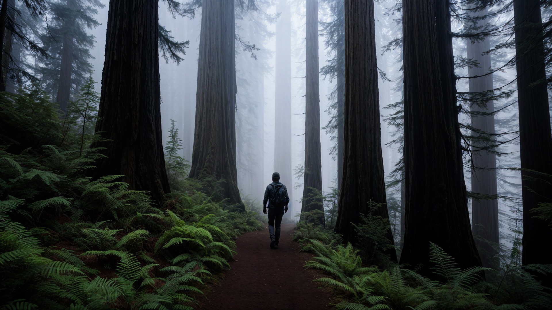 Solitary Figure Walking a Misty Forest Path