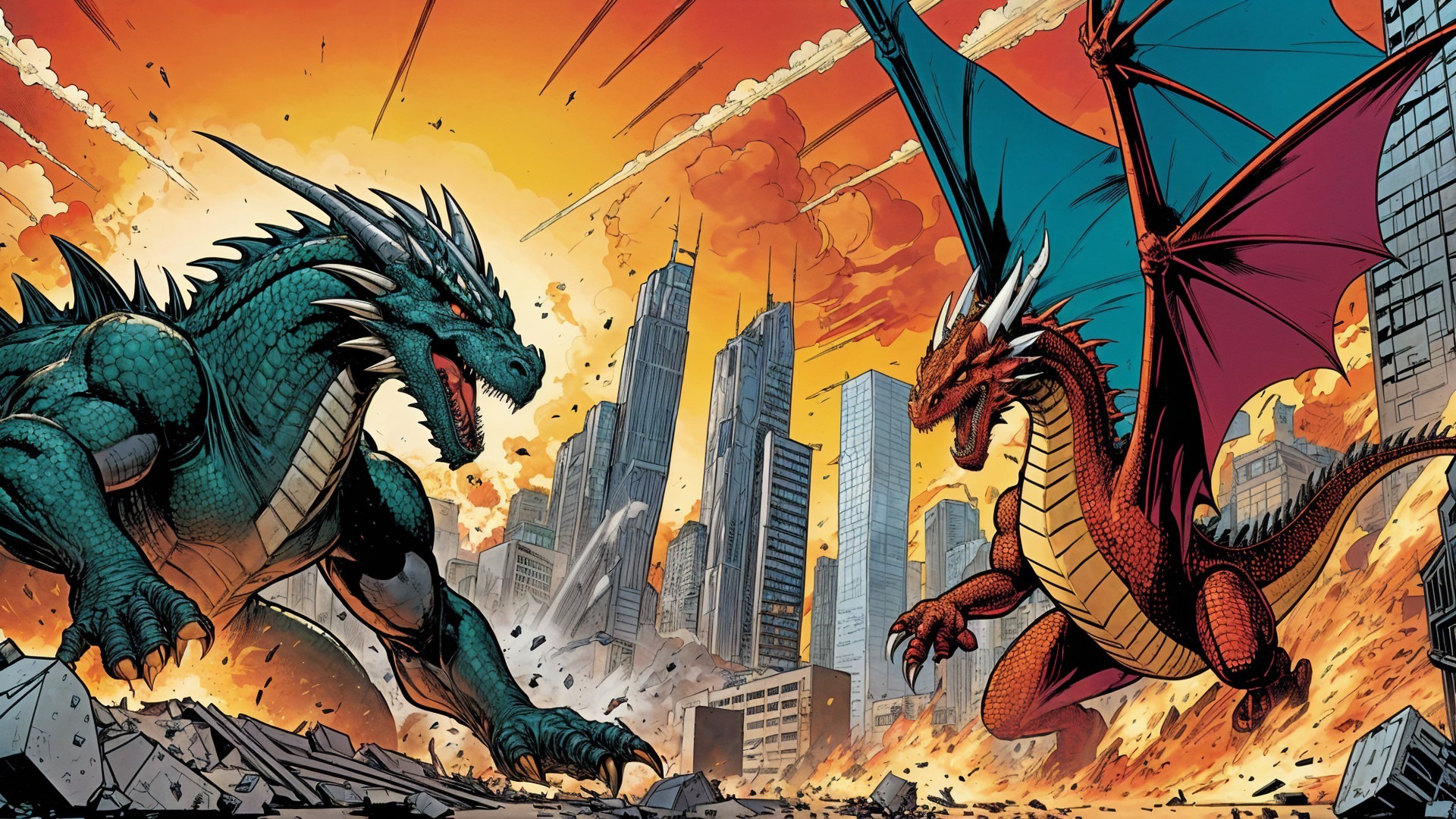Dragons Clash in Fiery Urban Landscape Amidst Chaos