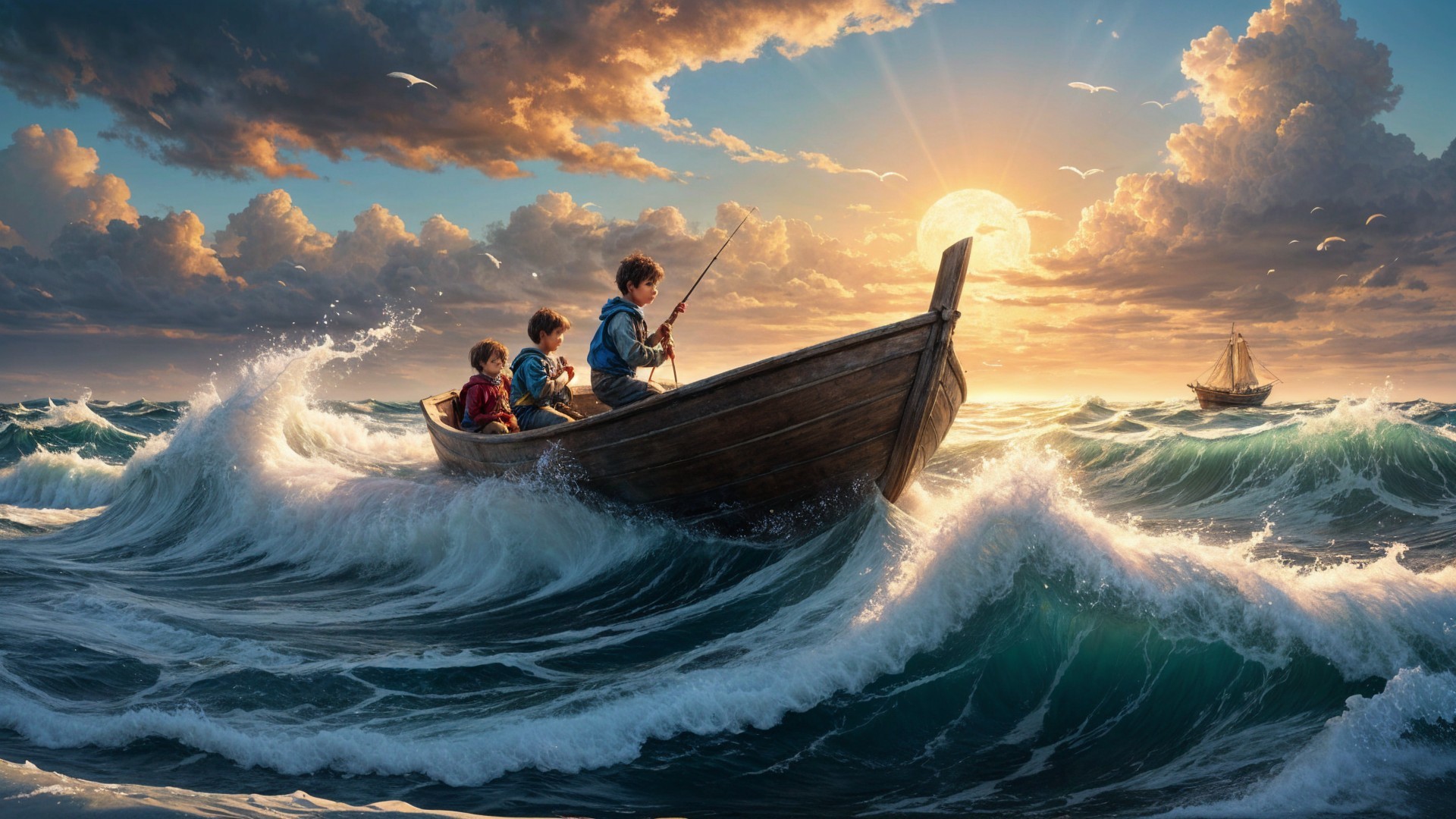 Wooden Boat Fishing at Sunset with Children and Waves