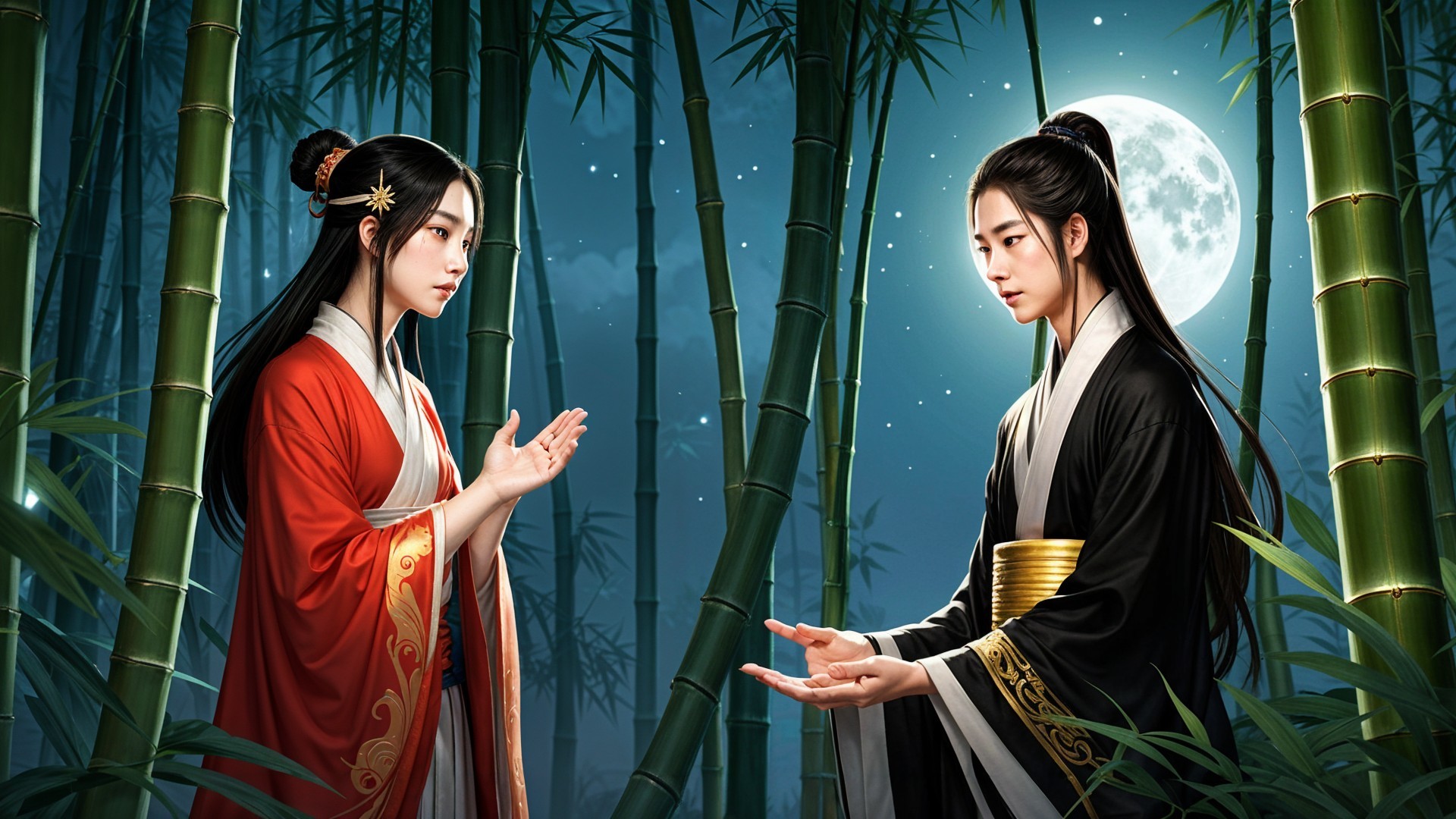 Bamboo Forest Scene with Figures in Moonlight