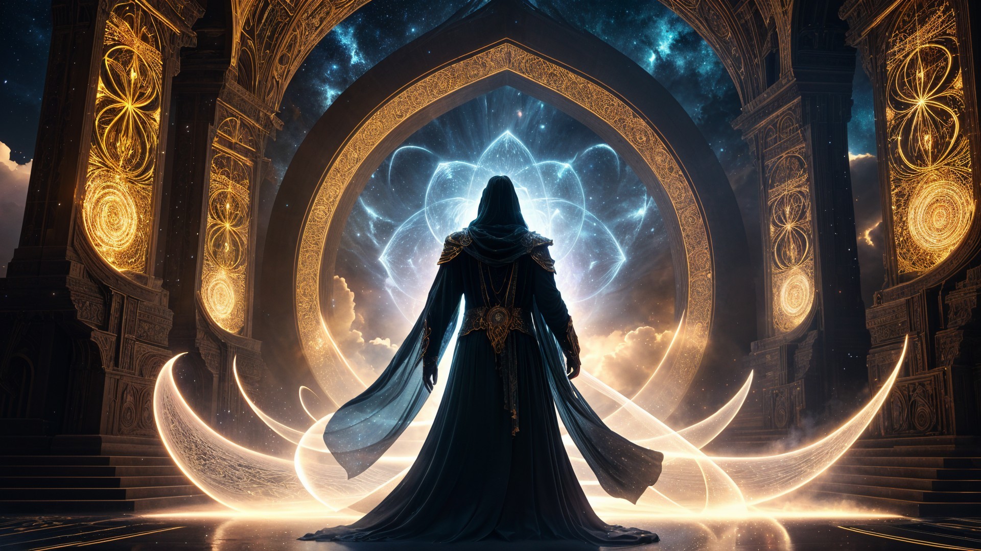 Mysterious Figure Before Celestial Portal at Night