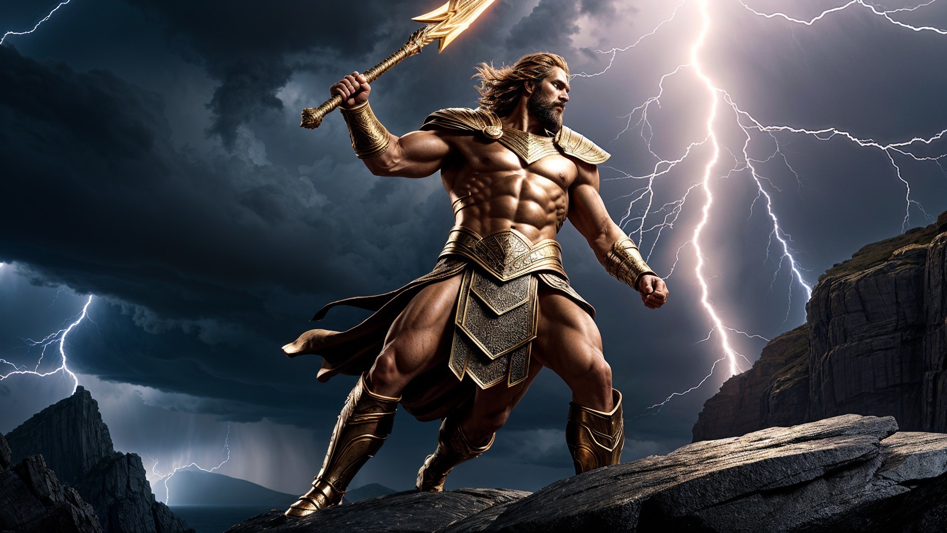 Muscular Warrior on Rocky Outcrop with Golden Spear