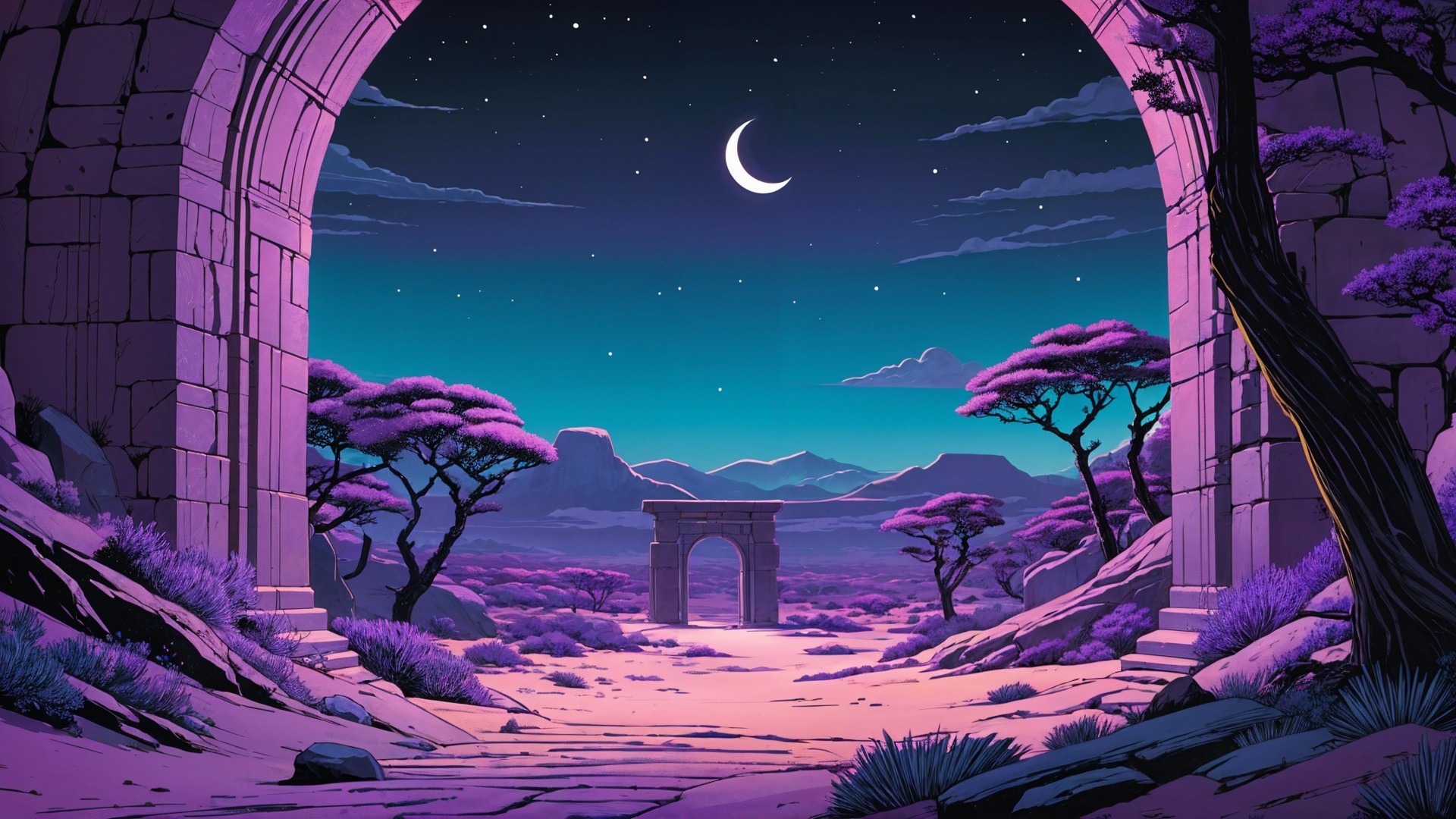 Serene landscape with archways under a crescent moon