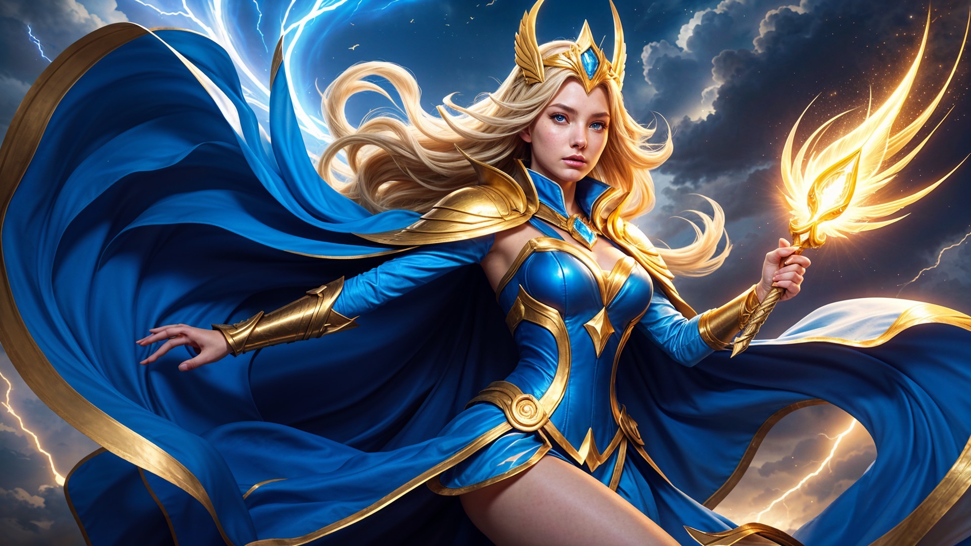 Confident Female Figure in Blue and Gold Armor