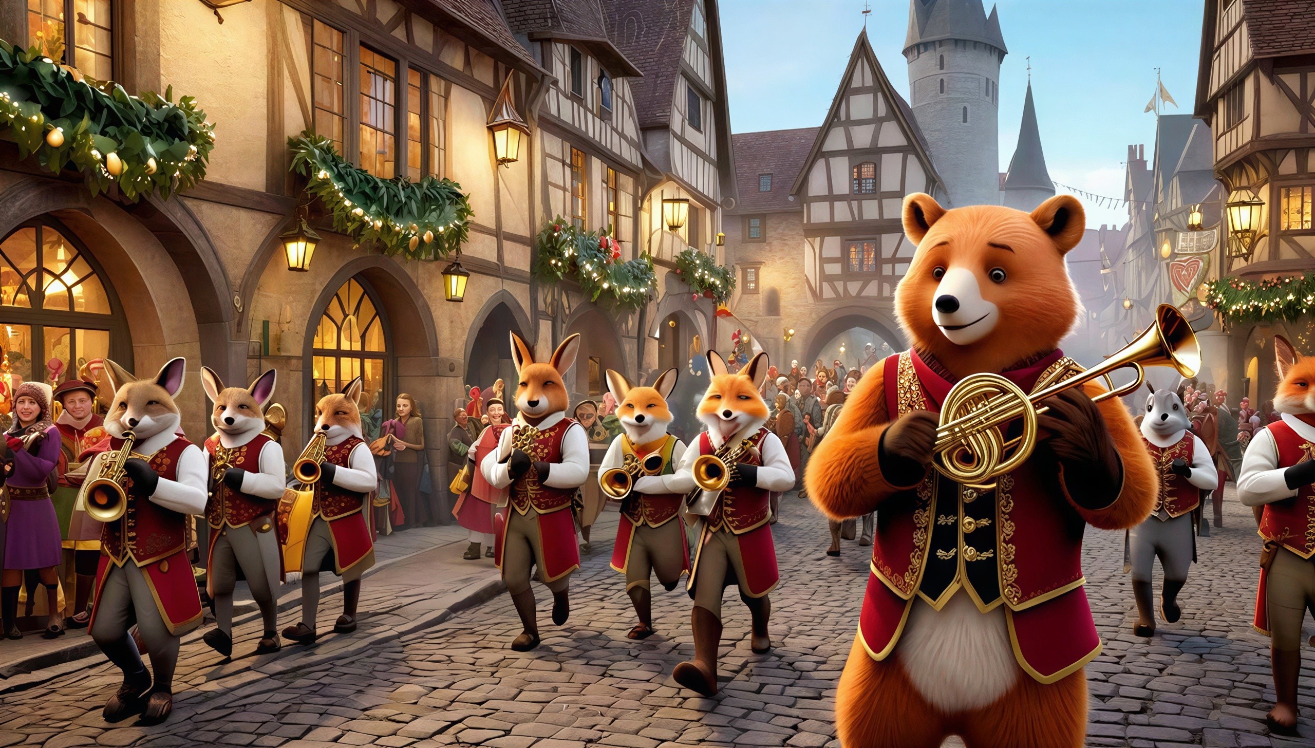 Whimsical Animal Parade in a Medieval Town Scene