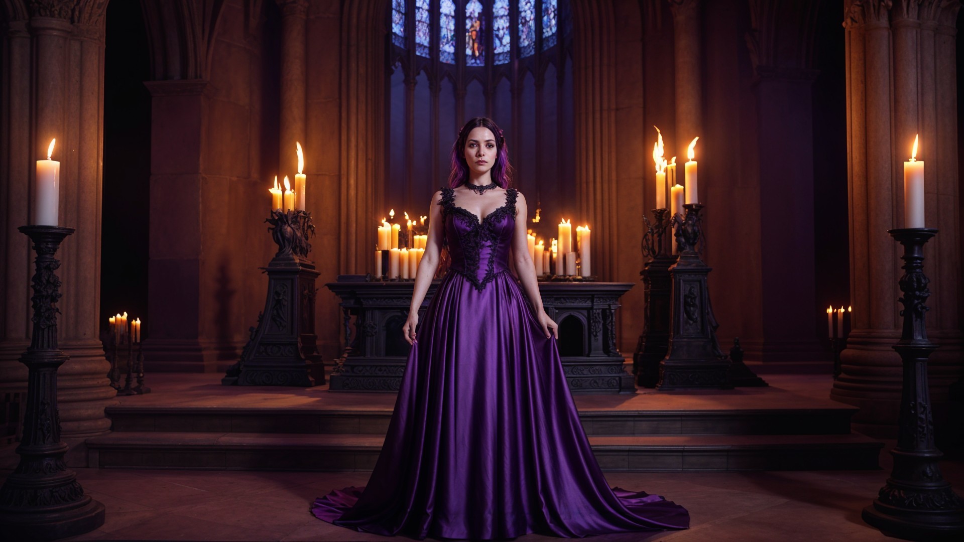 Elegant Woman in Purple Gown in Gothic Room
