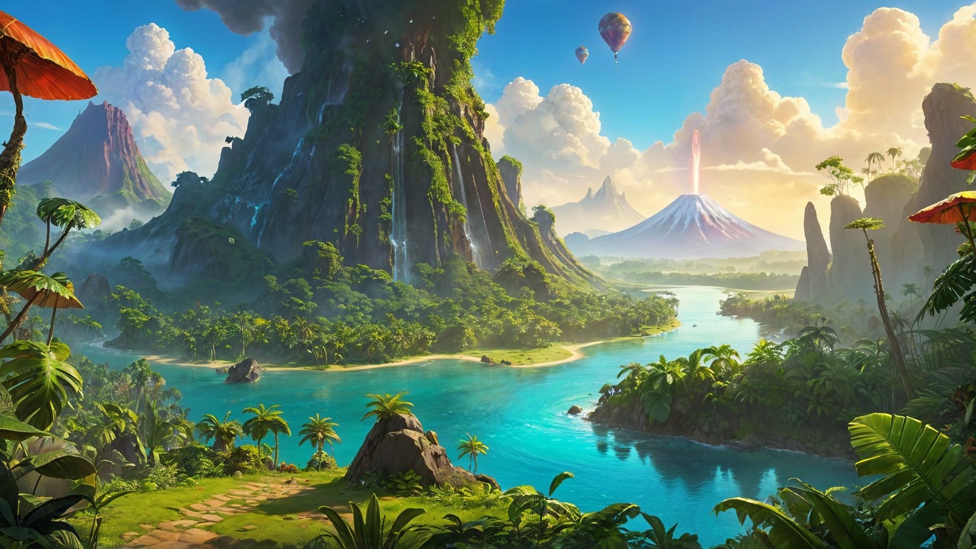 Breathtaking Mountain Landscape with River and Balloons