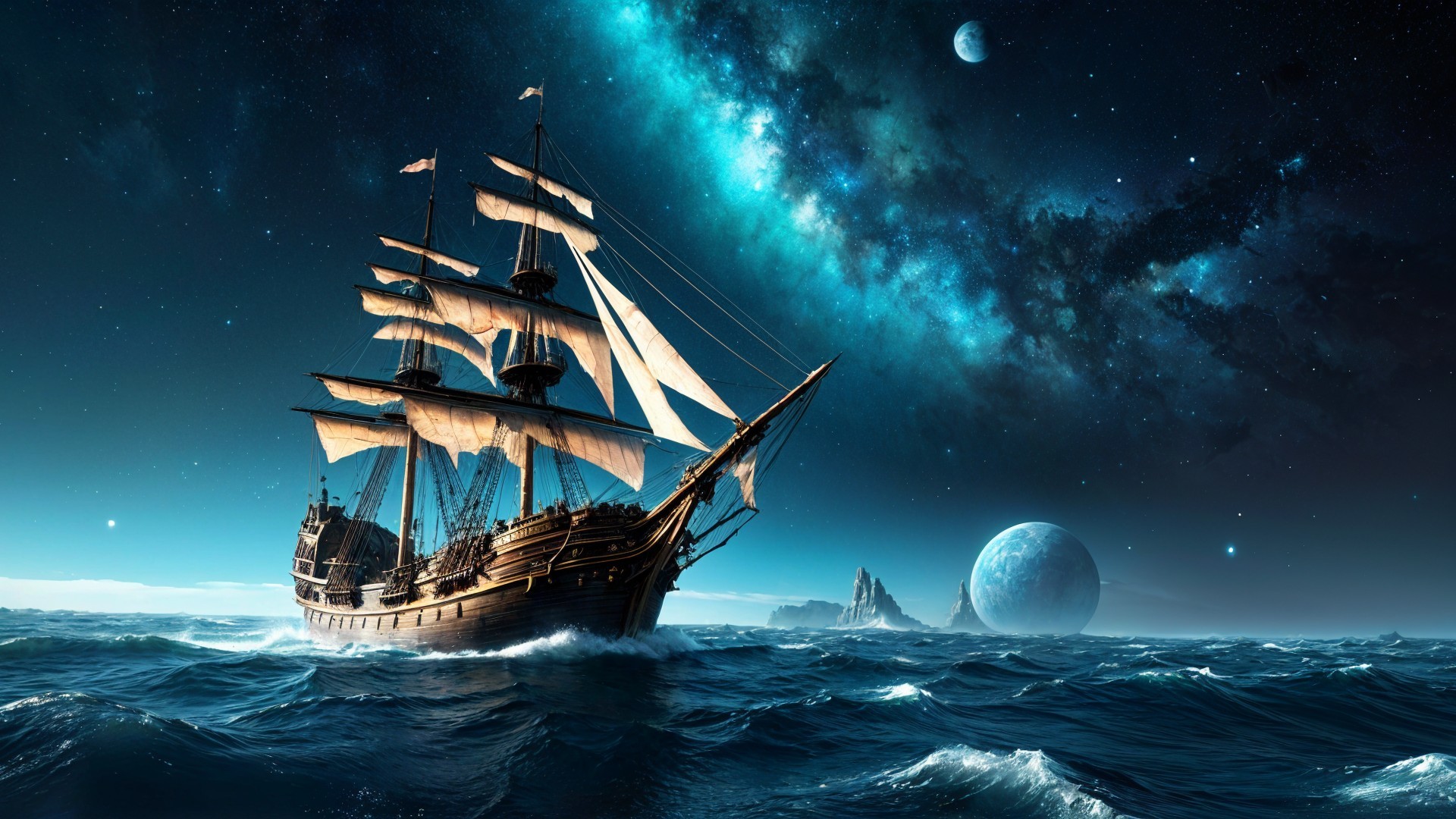Majestic Sailing Ship in Cosmic Waters with Stars