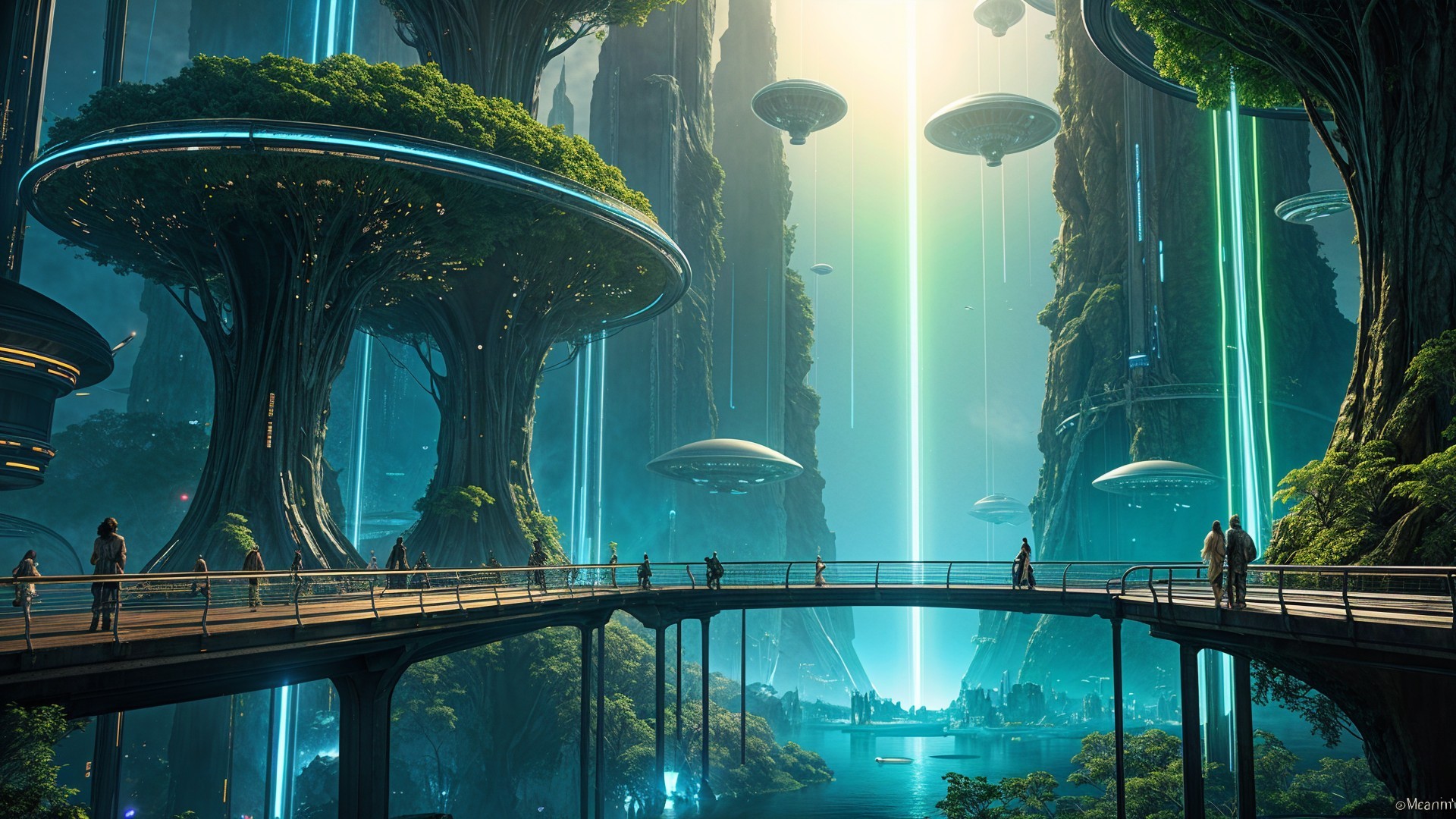 Futuristic landscape with neon lights and towering trees