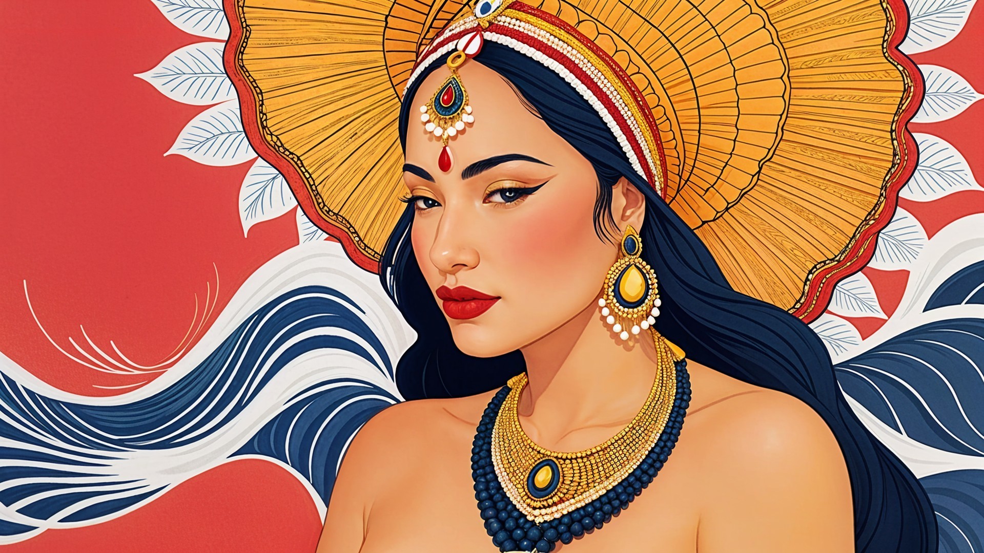 Striking Woman with Flowing Hair and Bold Makeup