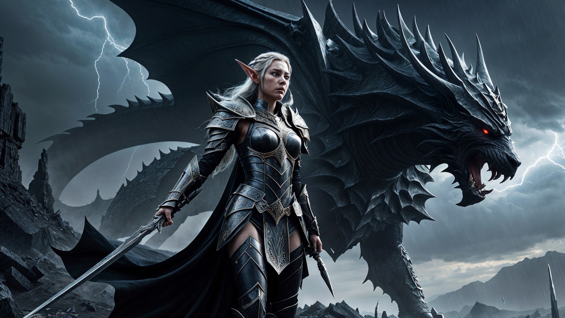 Fierce Warrior in Armor with Menacing Dragon Background
