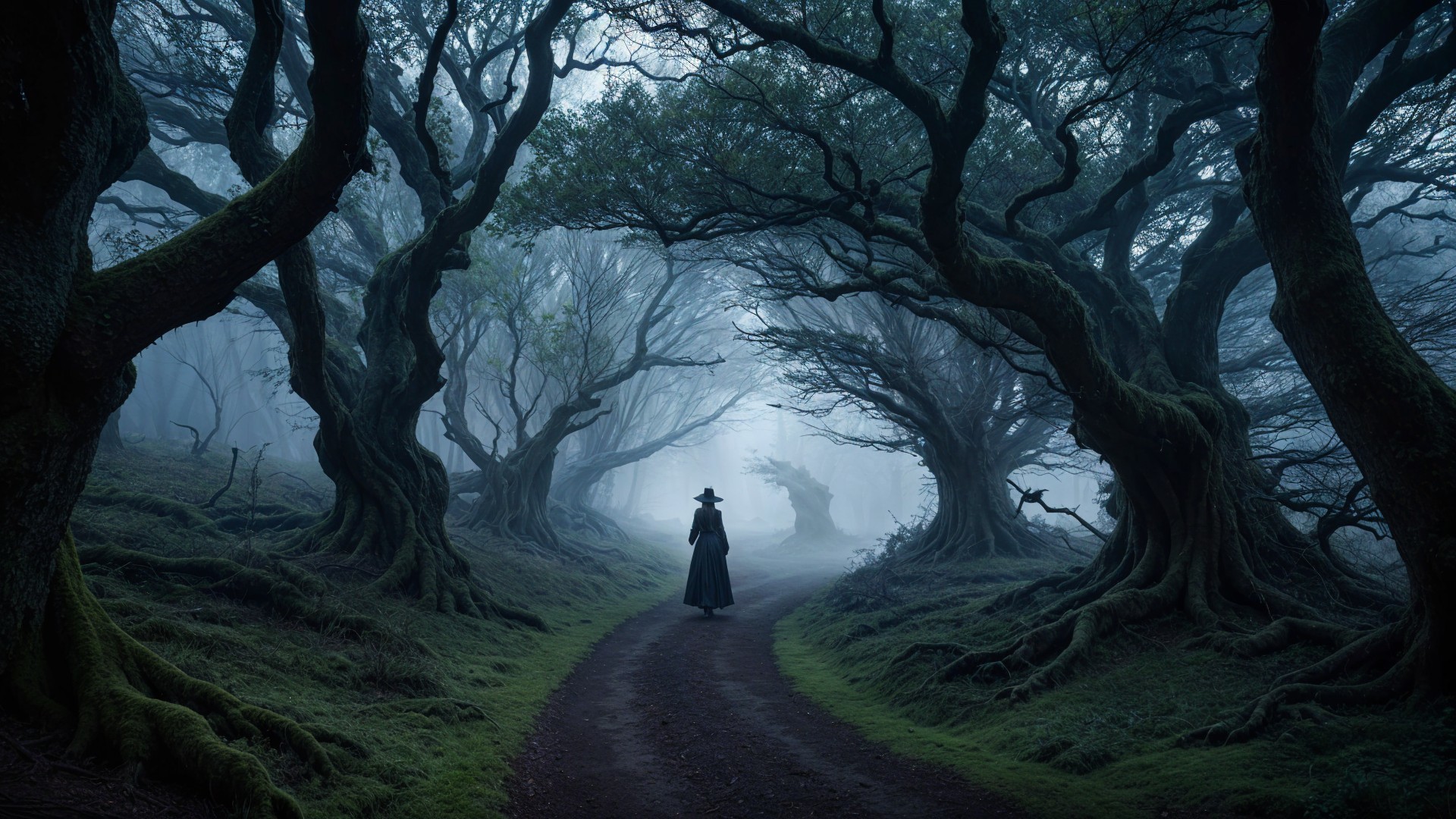 Mysterious Cloaked Figure in Misty Forest Path