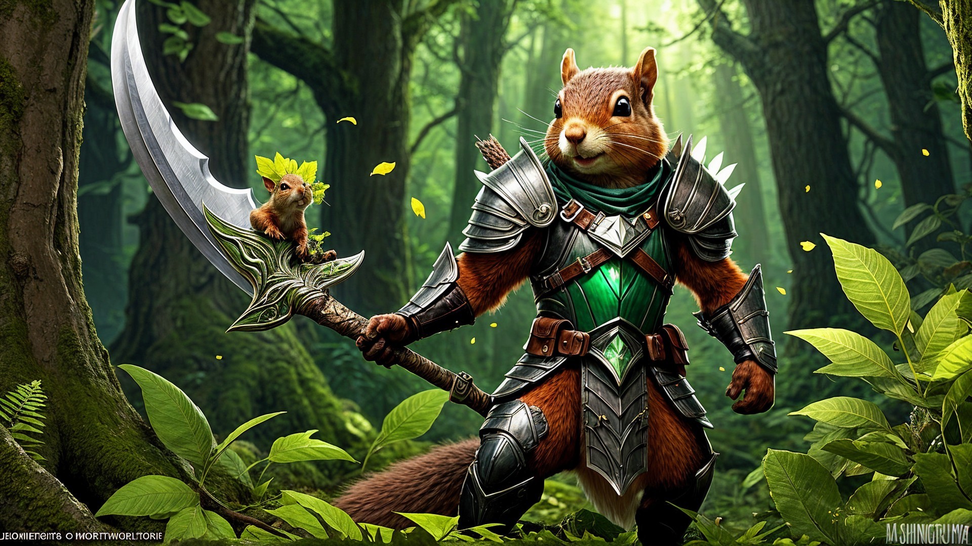 Fierce Squirrel Warrior in Vibrant Forest Scene