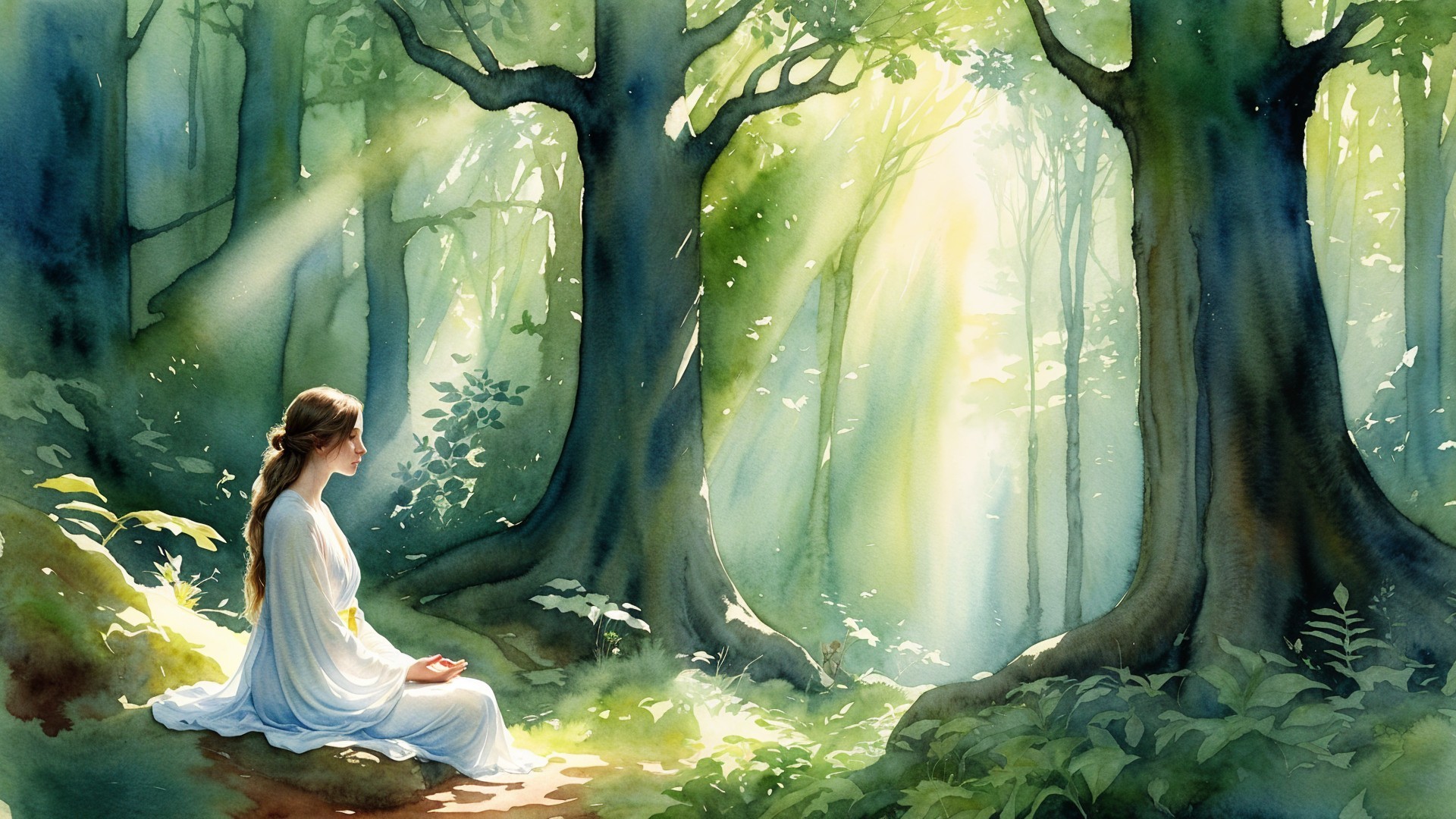 Young Woman Meditating in a Serene Forest Setting