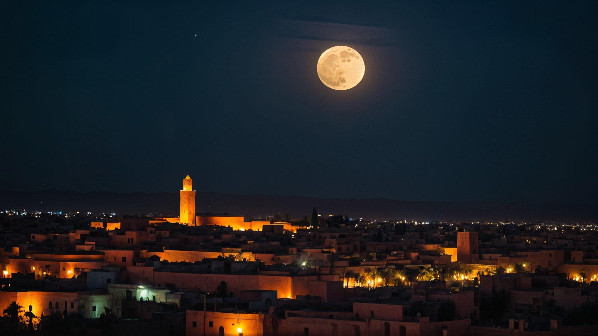 Majestic Full Moon Over Tranquil Cityscape at Night