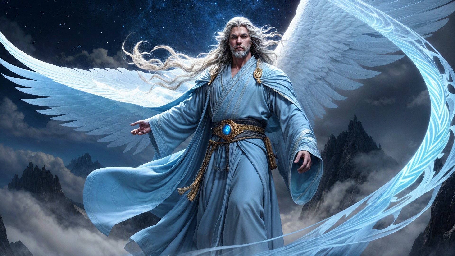 Majestic figure with wings in celestial sky setting