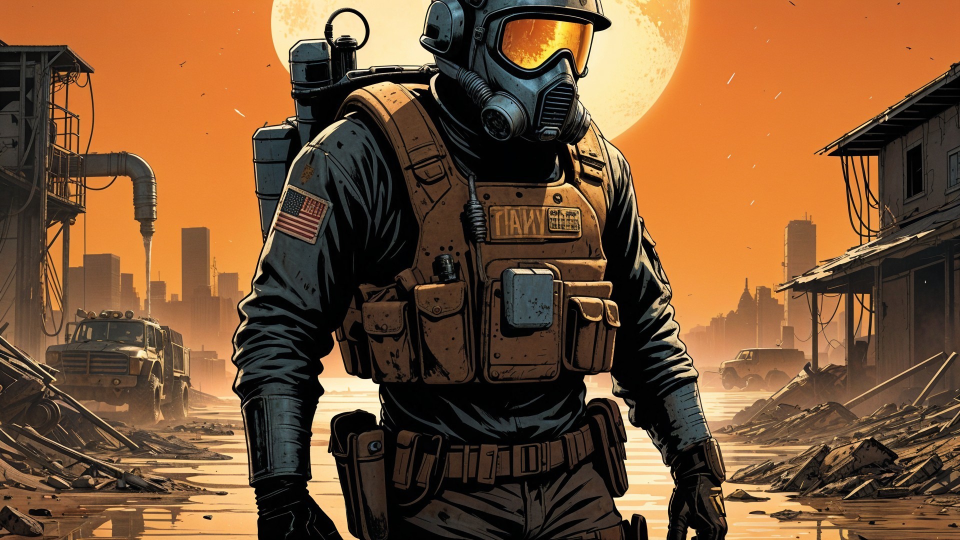 Rugged soldier in post-apocalyptic urban landscape