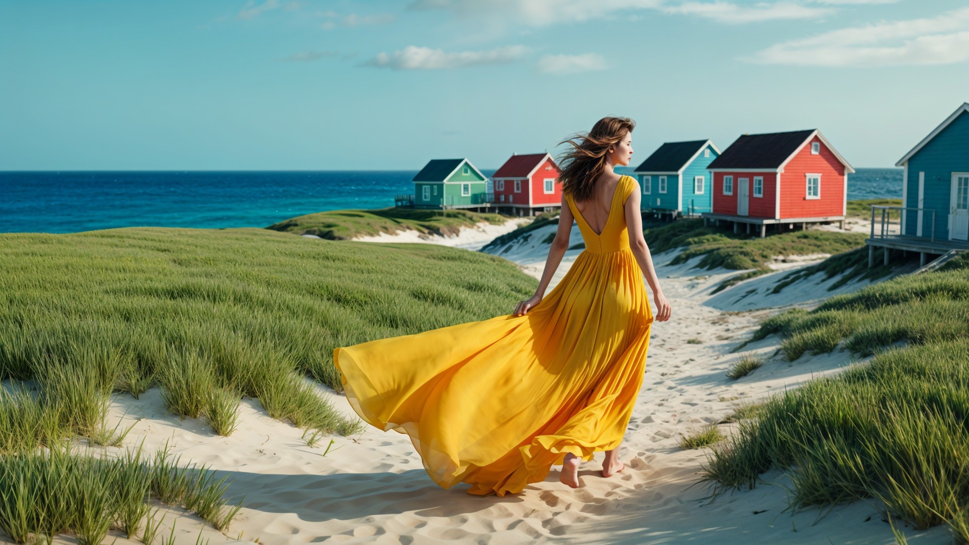 Woman in Yellow Dress on Sandy Path by Beach Houses