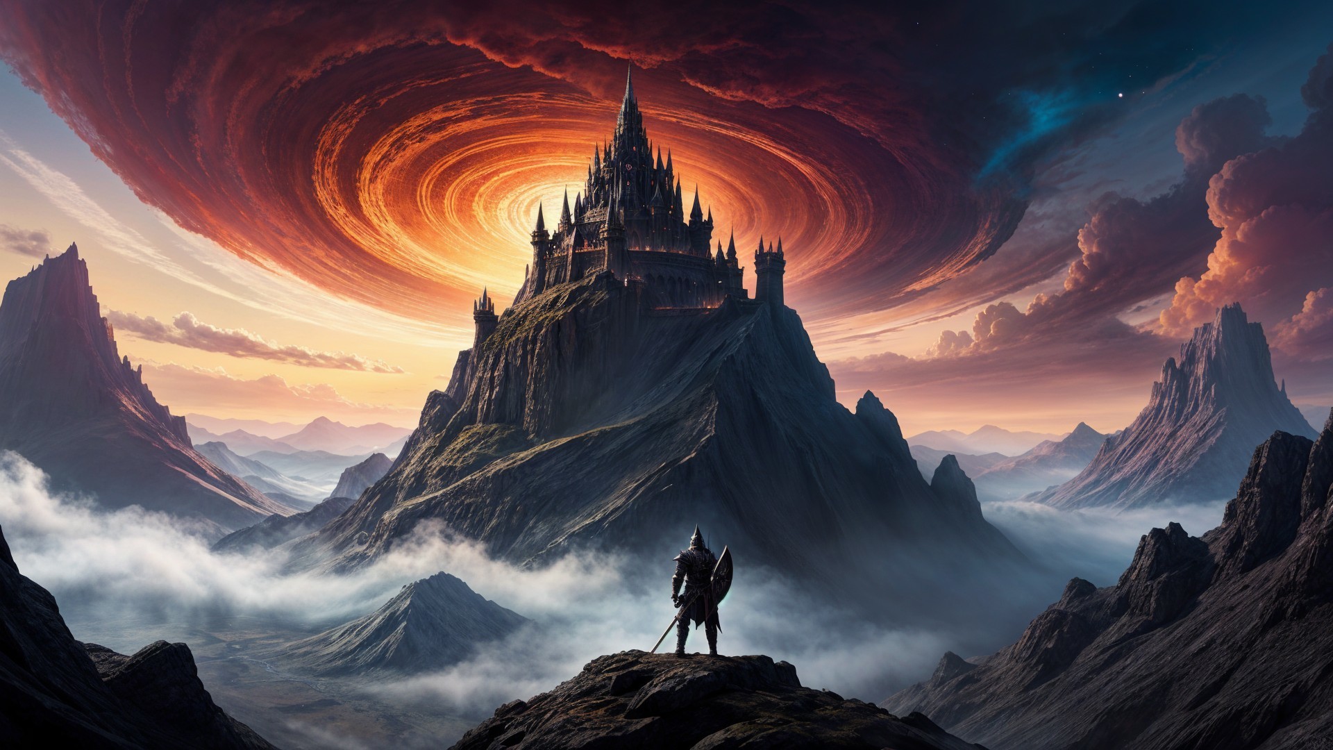 Knight on Outcrop with Castle and Fiery Vortex Sky