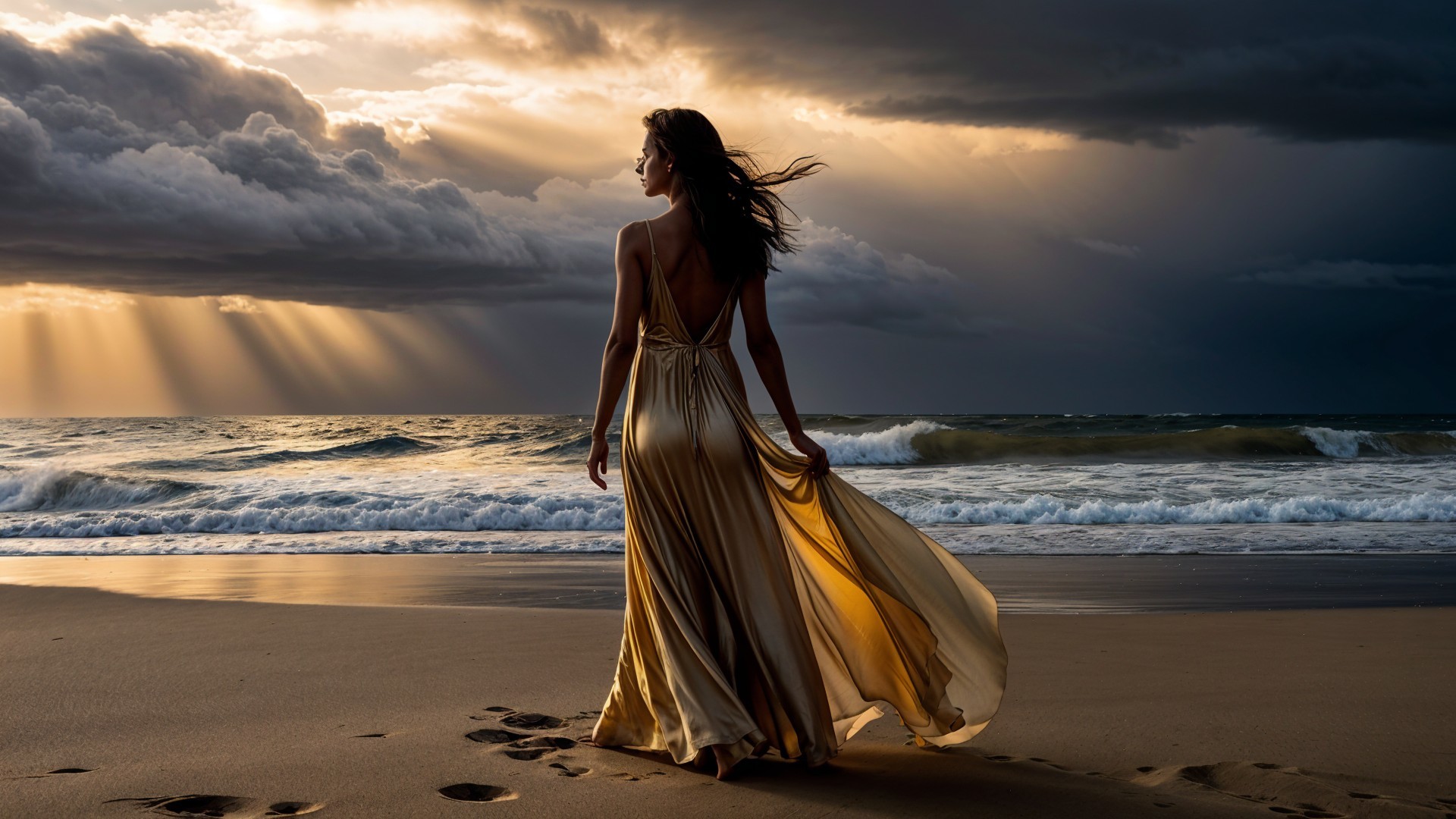 Woman in golden dress on beach with dramatic clouds