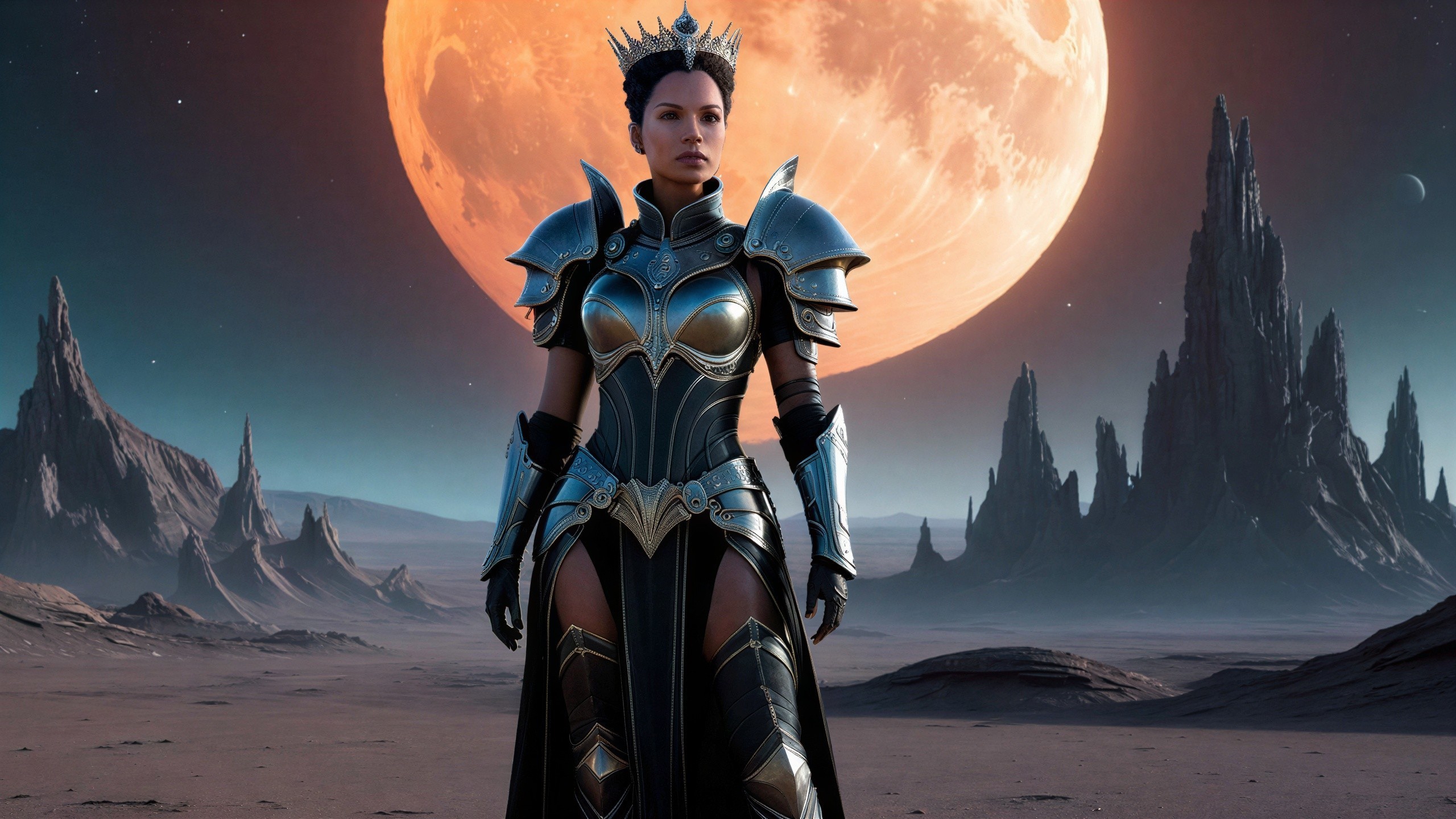 Female warrior queen in armor in alien landscape