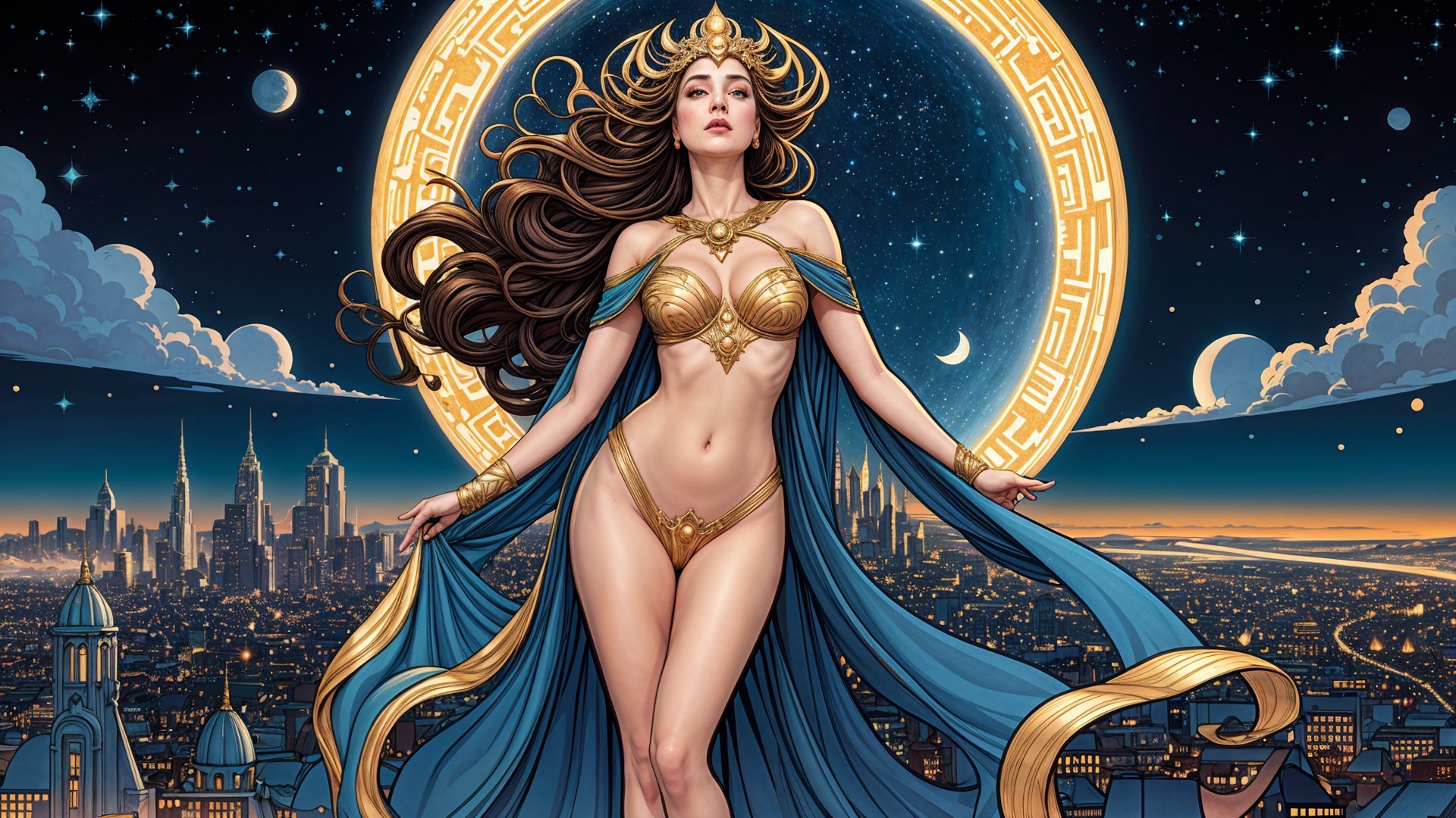 Goddess figure in golden attire against glowing moon