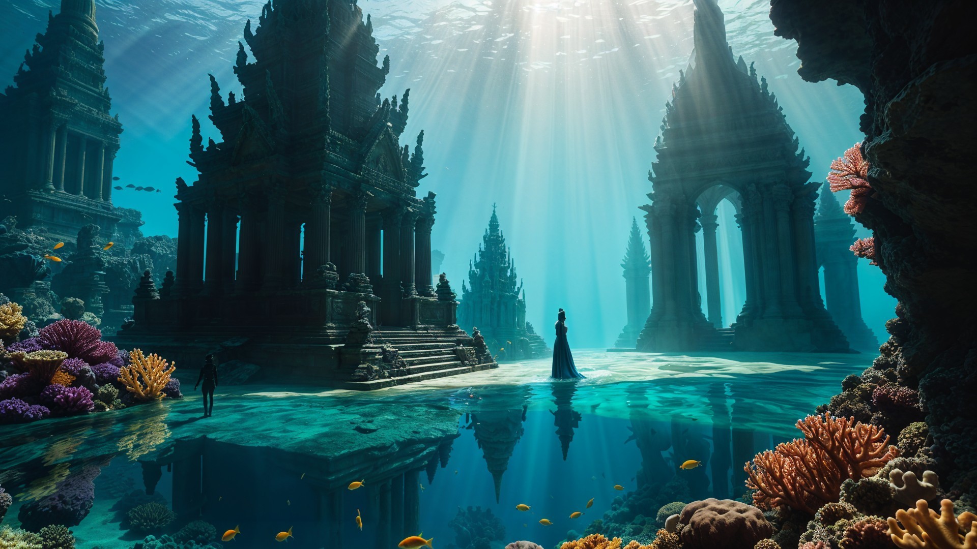 Ancient Temple Ruins Surrounded by Vibrant Marine Life