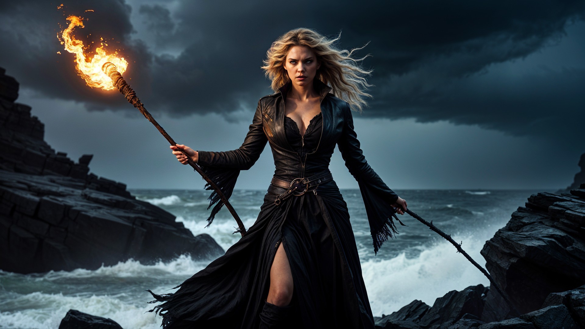Fierce Woman with Torch on Rocky Shores Under Stormy Sky