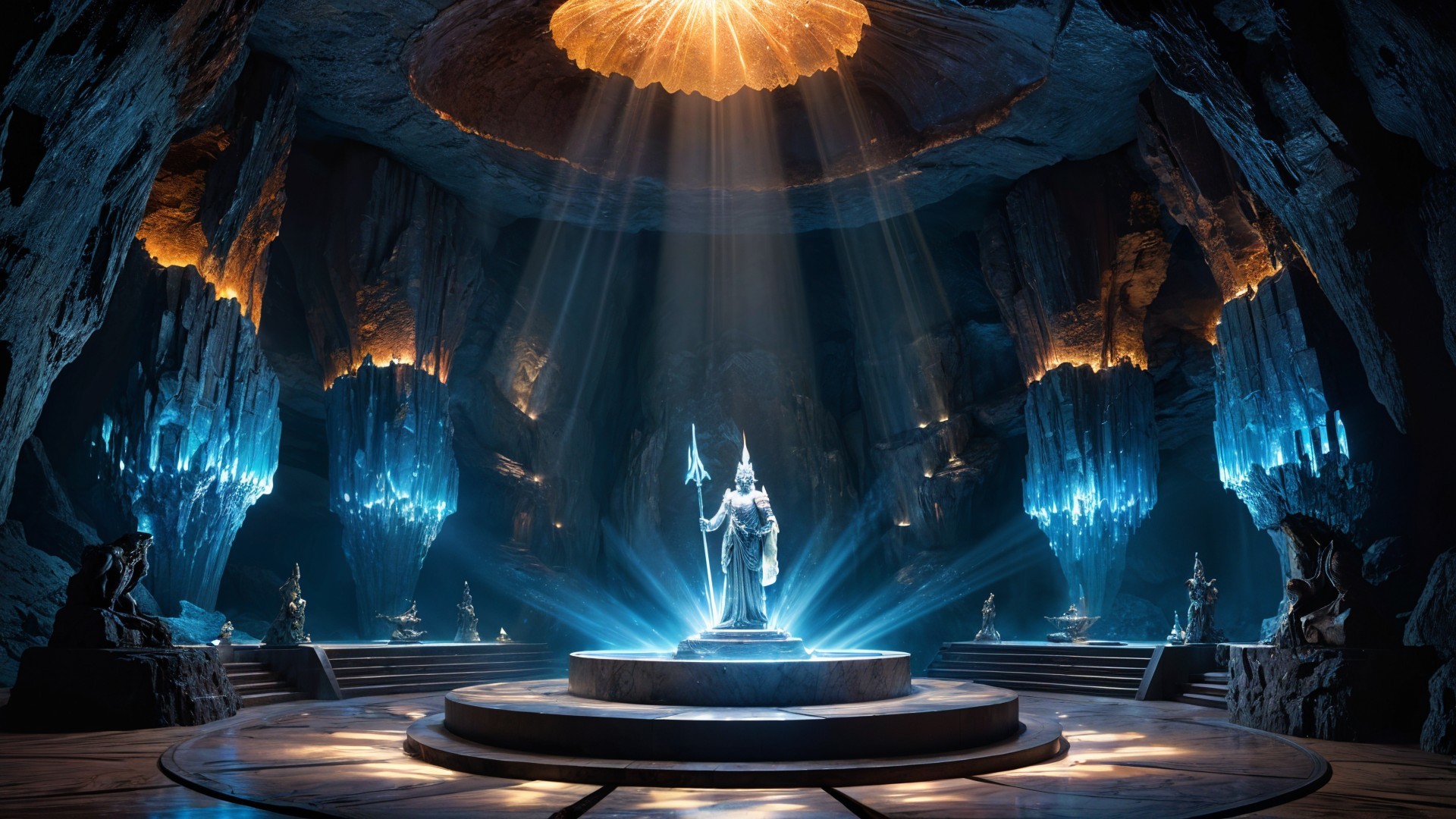 Mystical Underground Cavern with Blue Crystals and Statue