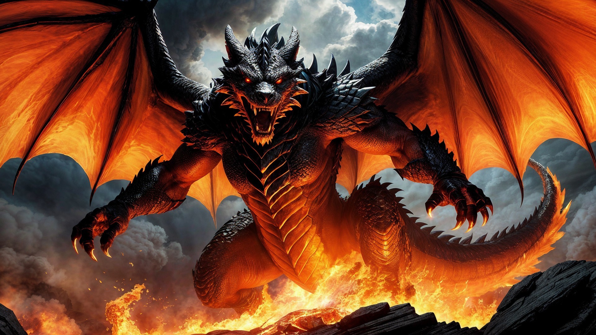 Muscular dragon with black scales in a lava landscape