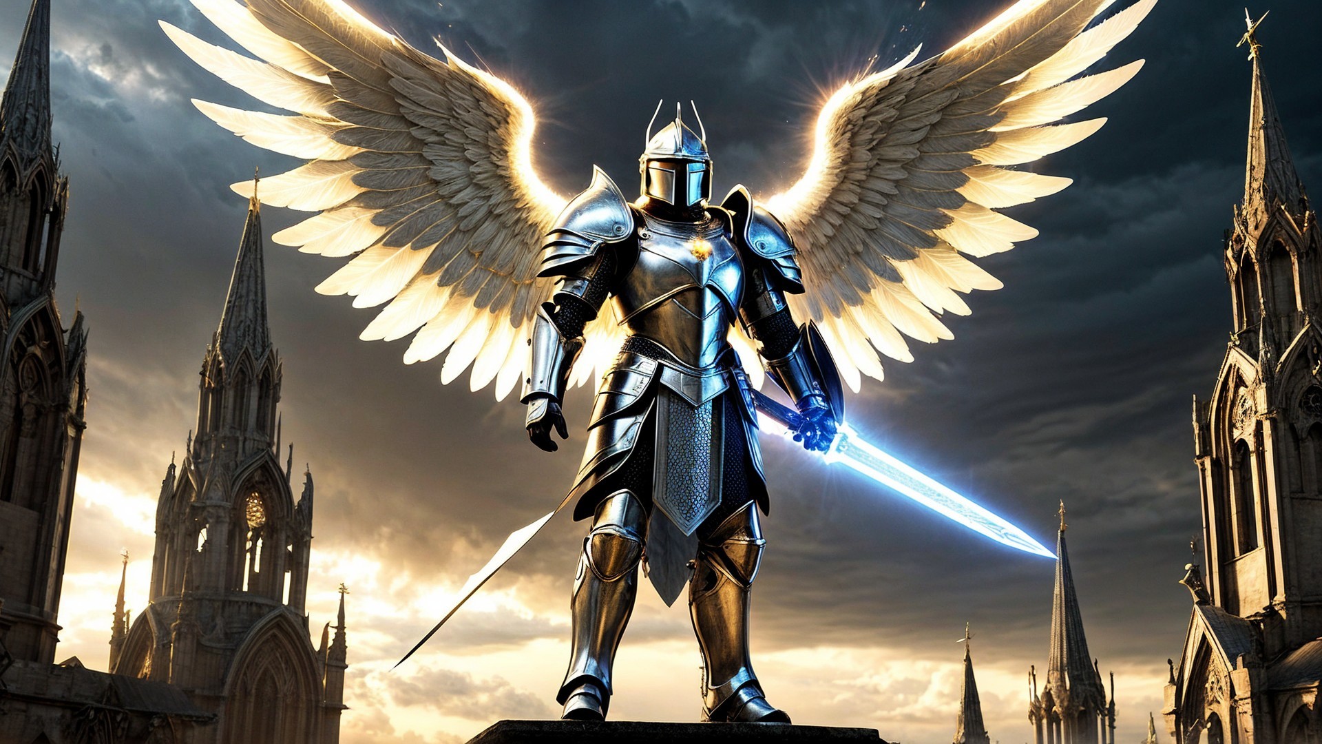 Armored Knight with Ethereal Wings and Glowing Sword