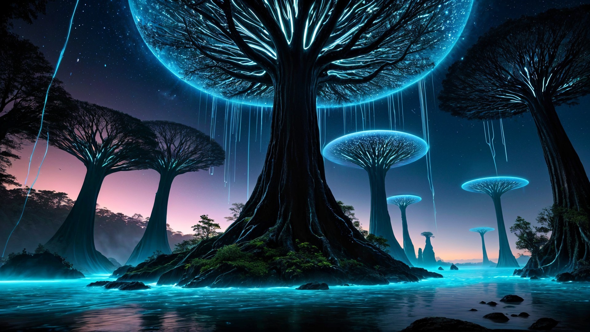 Surreal Landscape with Glowing Trees and Twilight Sky