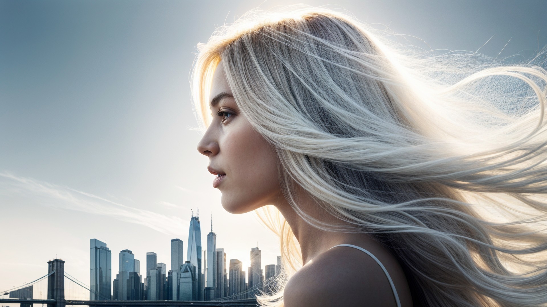 Young Woman with Blonde Hair Against City Skyline