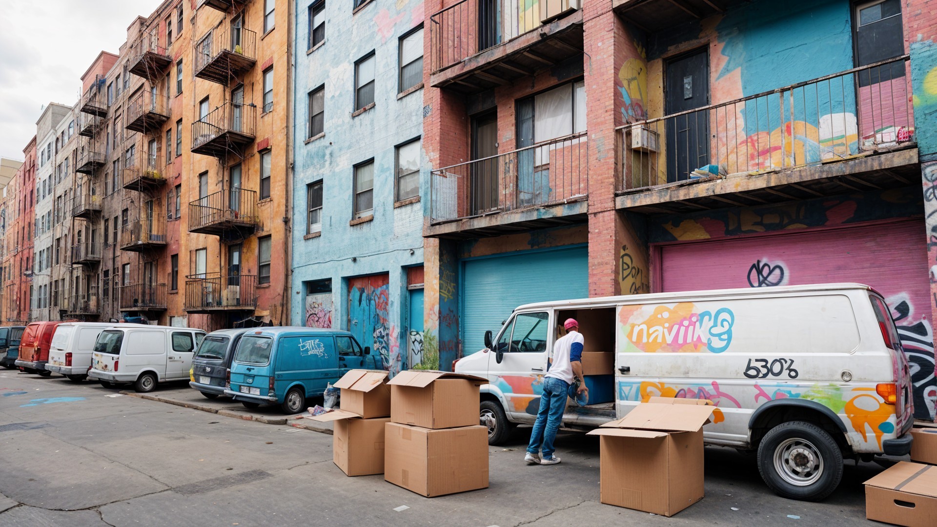 Colorful Urban Alley with Graffiti and Unloading Van