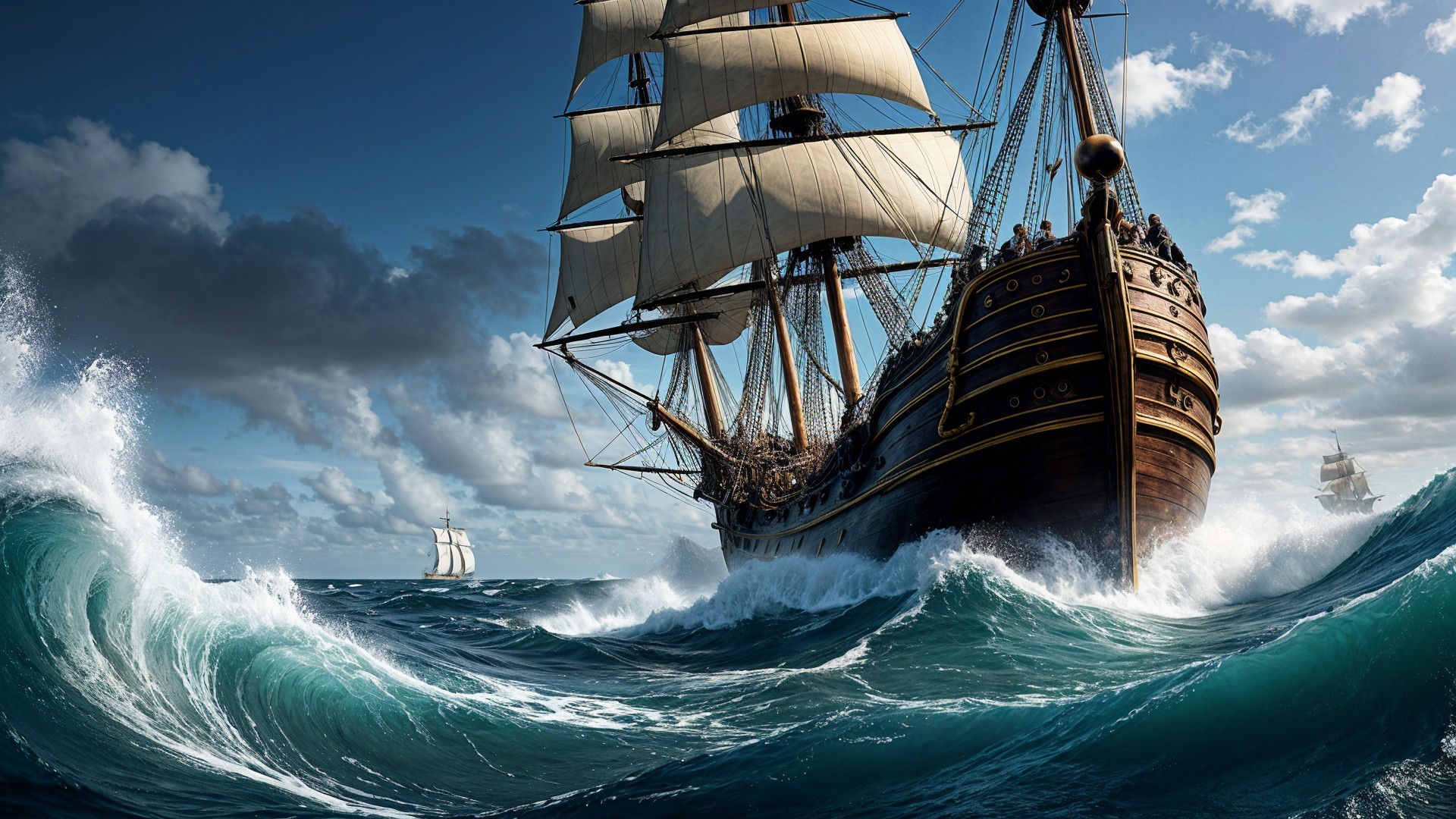 Majestic Wooden Ship Navigating Turbulent Waves