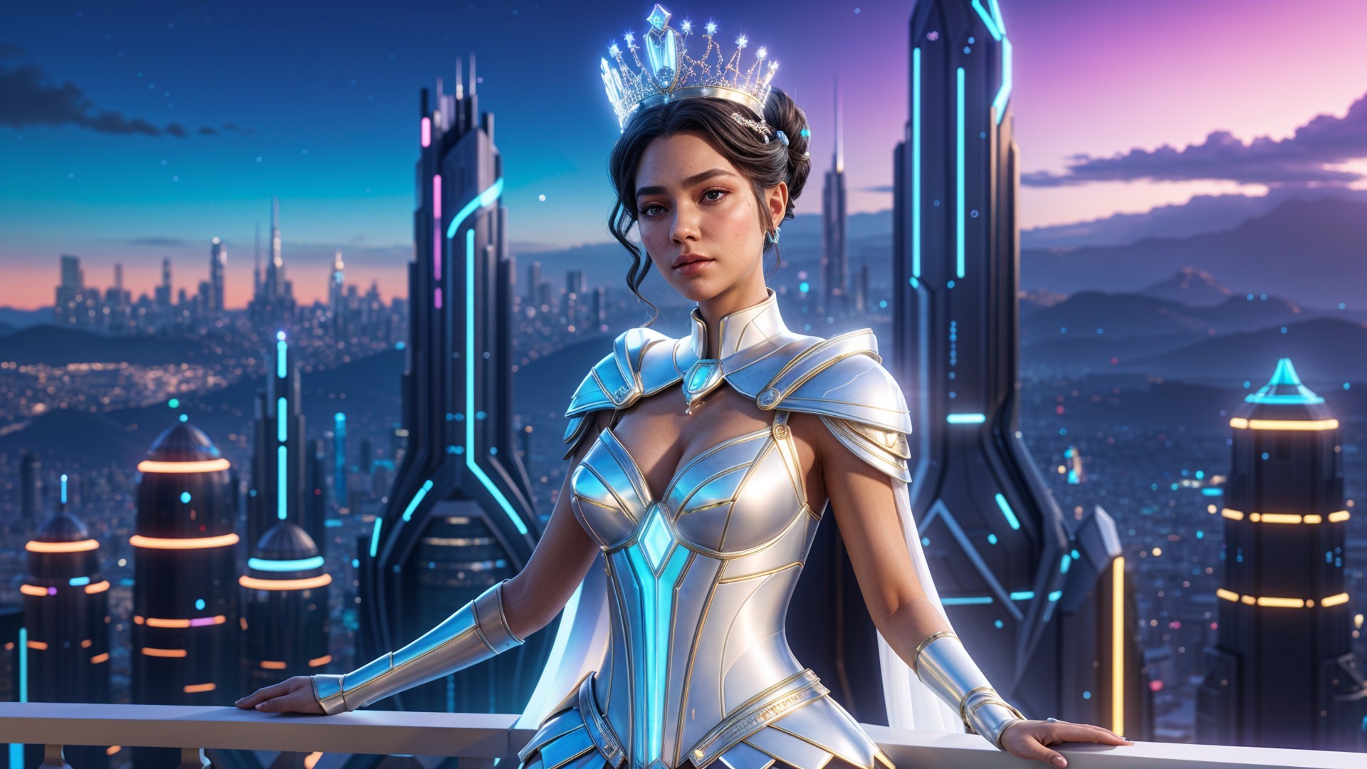 Futuristic heroine on balcony overlooking illuminated city