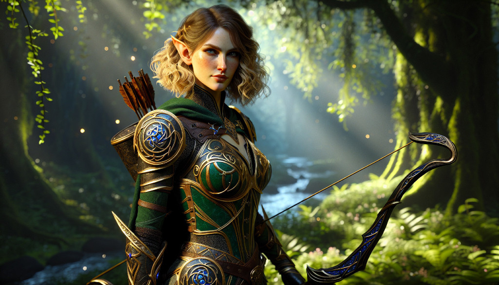 Elf Archer in Ornate Armor in Vibrant Forest Setting