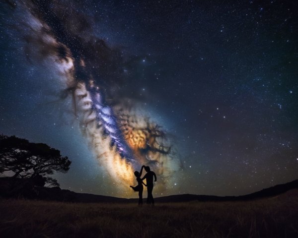 Couple Embracing Under a Stunning Milky Way Sky