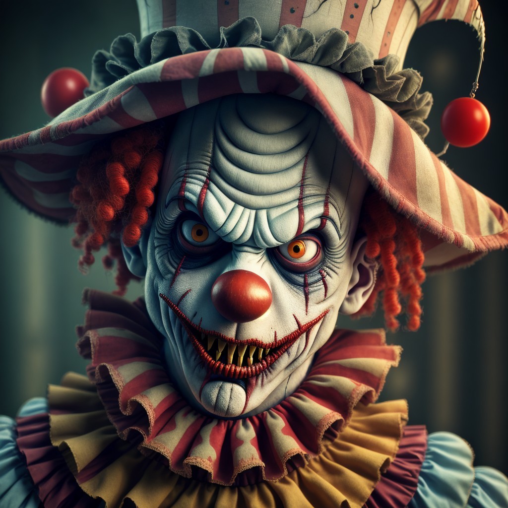 Sinister clown with exaggerated features and vibrant colors